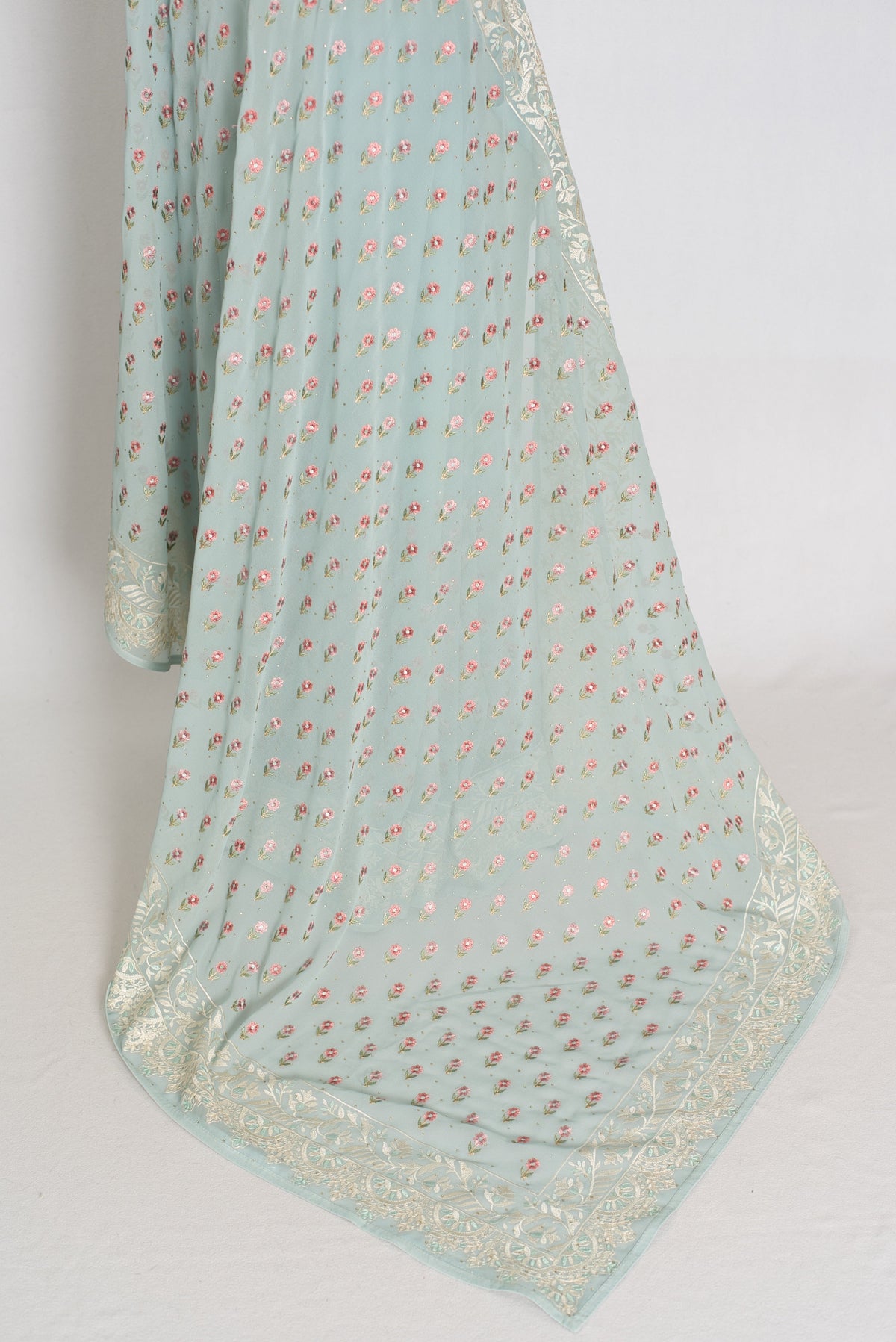 Grace | Sky Blue Georgette Partywear Saree | Pastel Floral Booti Embroidery