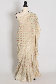 Siya | Light Sage Green Georgette Partywear Saree | Pastel Floral Embroidery