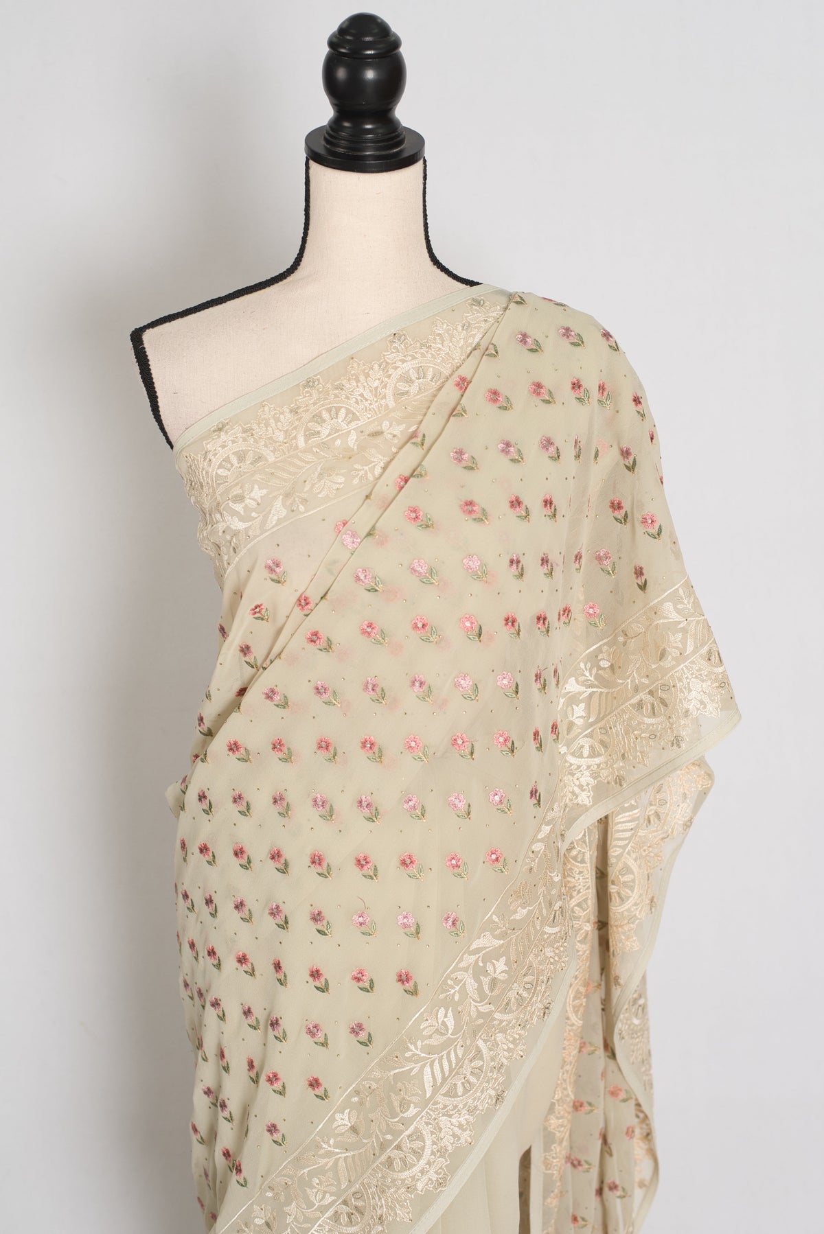 Siya | Light Sage Green Georgette Partywear Saree | Pastel Floral Embroidery