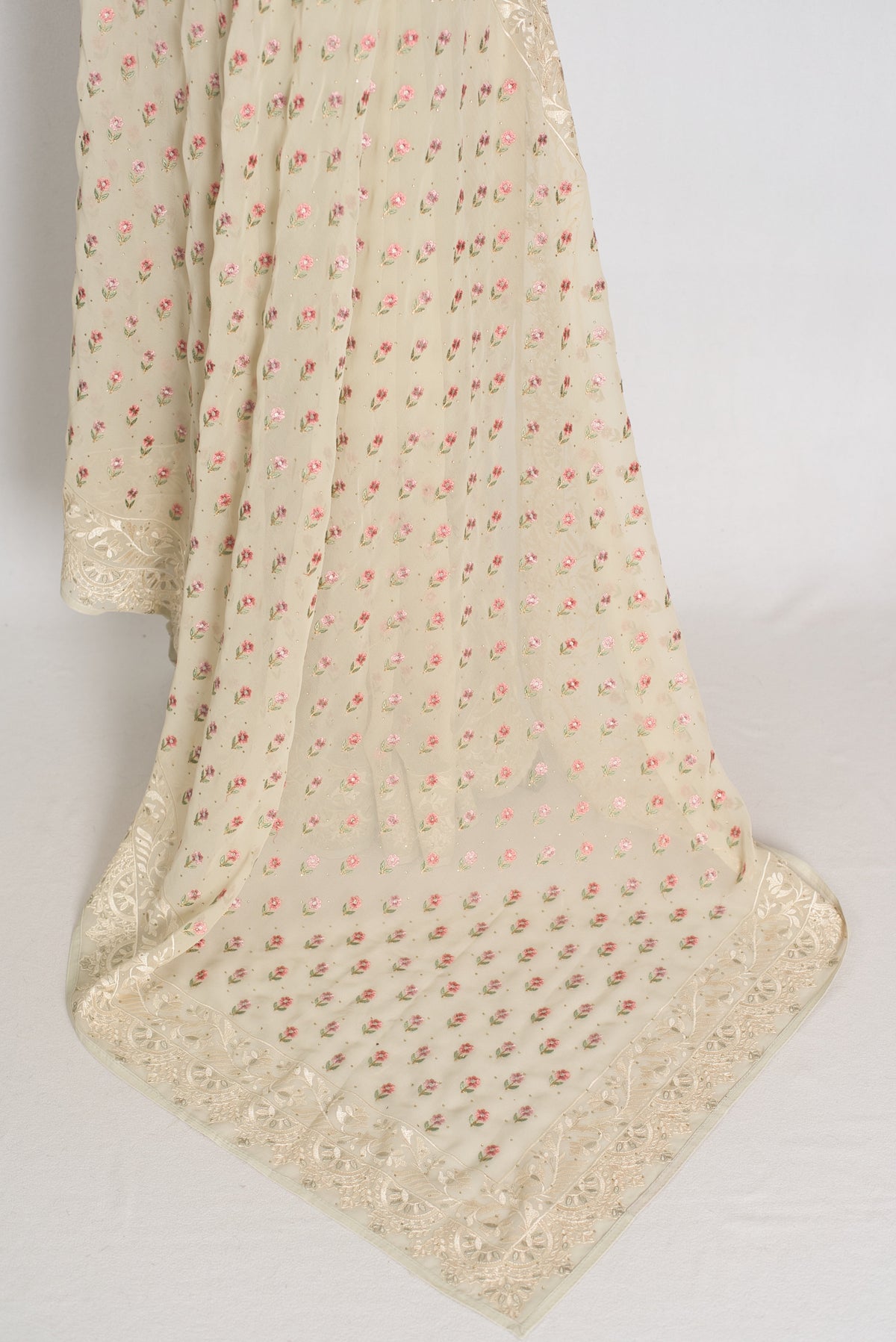 Siya | Light Sage Green Georgette Partywear Saree | Pastel Floral Embroidery