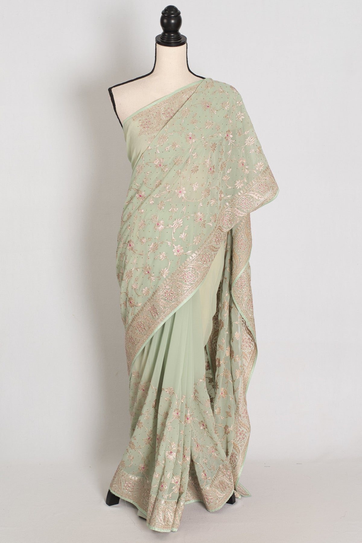 Pooja | Sea Green Georgette Partywear Saree | Elegant Machine Floral Embroidery