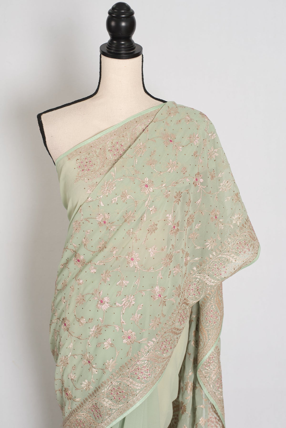 Pooja | Sea Green Georgette Partywear Saree | Elegant Machine Floral Embroidery