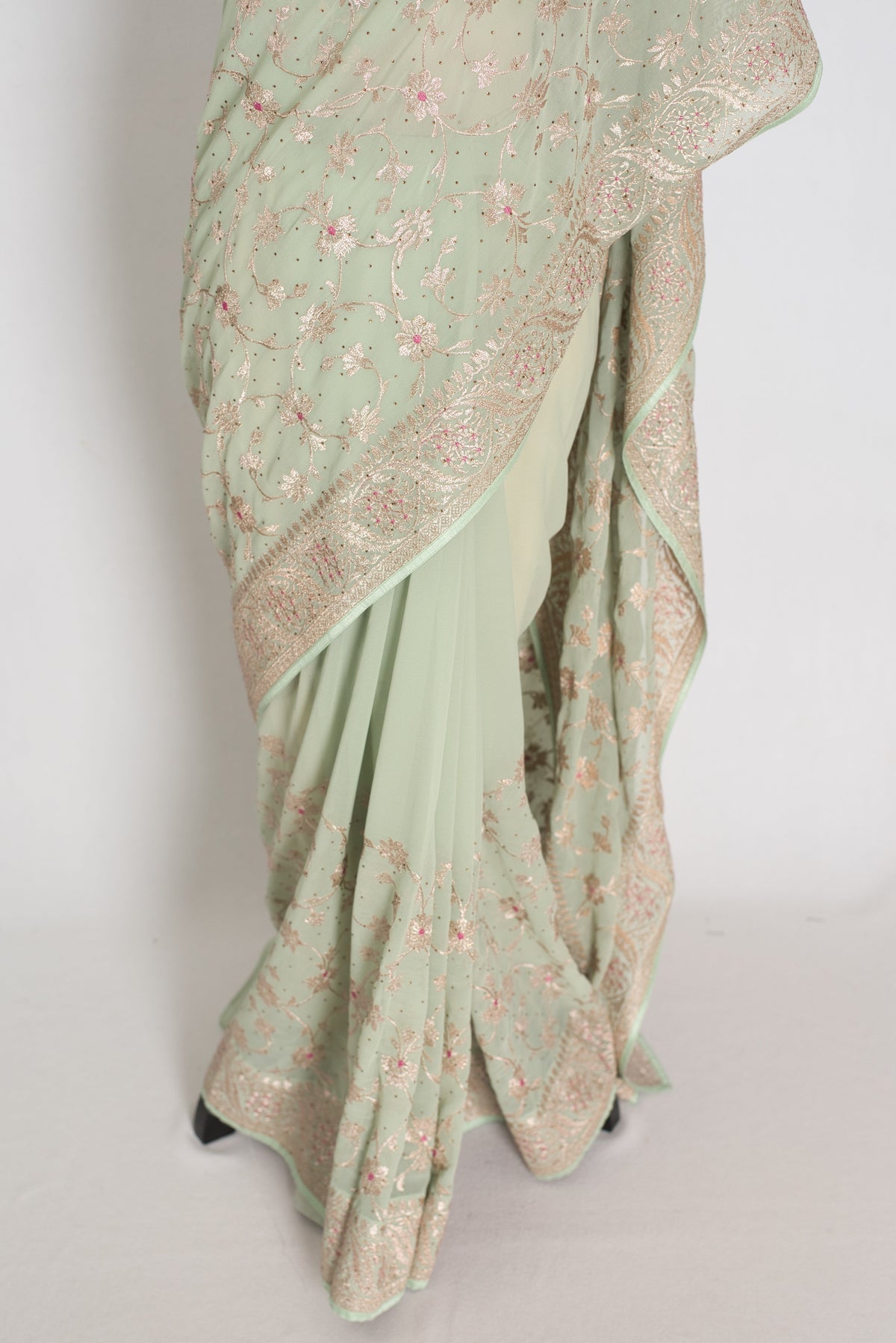 Pooja | Sea Green Georgette Partywear Saree | Elegant Machine Floral Embroidery