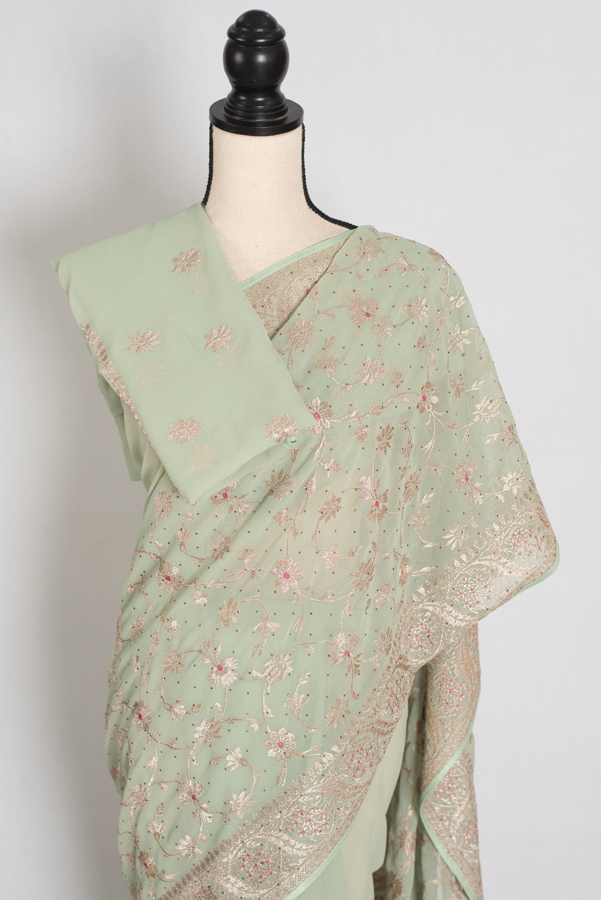 Pooja | Sea Green Georgette Partywear Saree | Elegant Machine Floral Embroidery