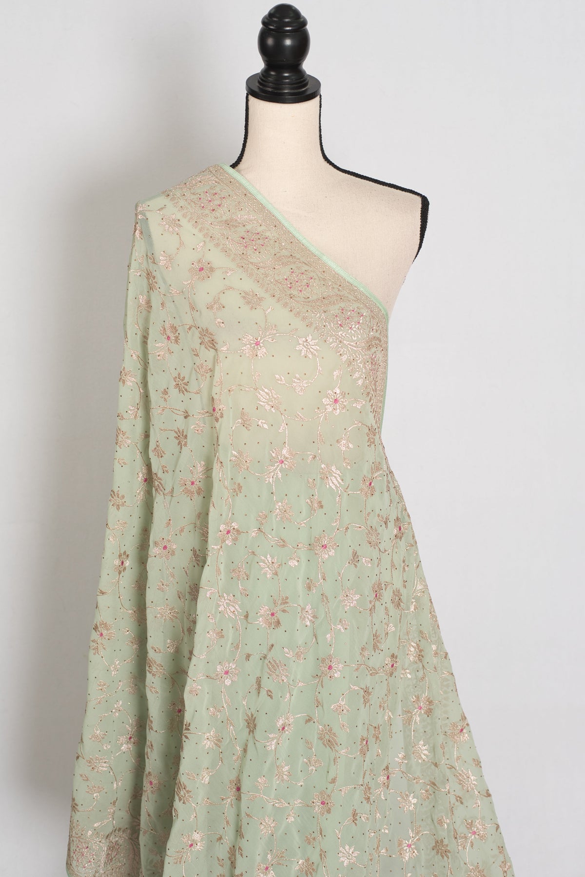 Pooja | Sea Green Georgette Partywear Saree | Elegant Machine Floral Embroidery