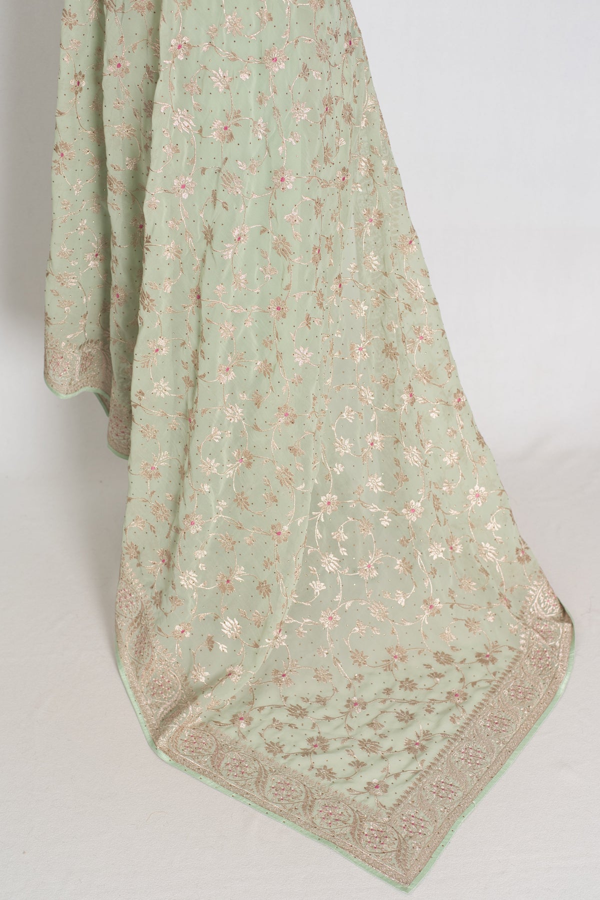 Pooja | Sea Green Georgette Partywear Saree | Elegant Machine Floral Embroidery