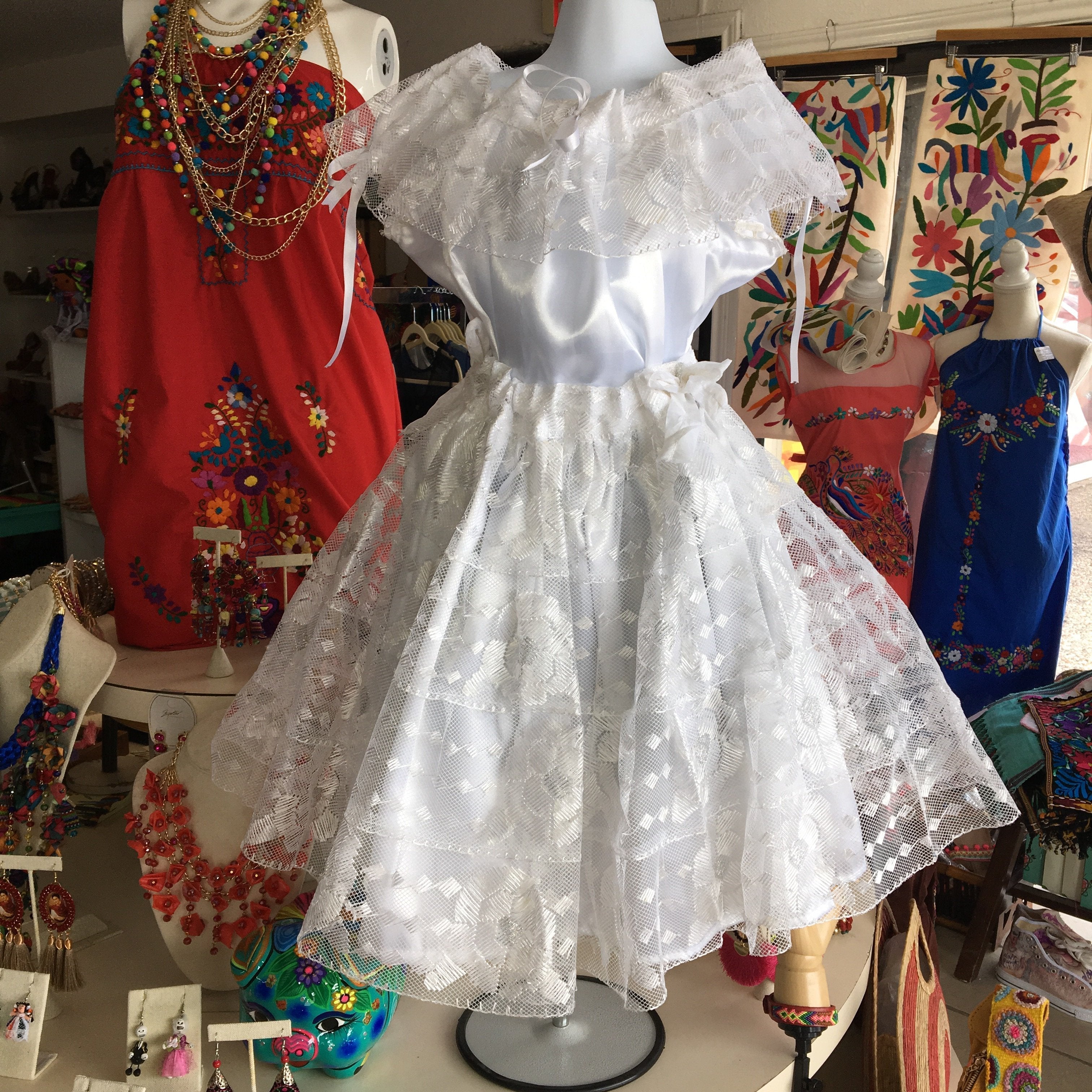 Mexican Chiapaneca Dress for Girls White/White