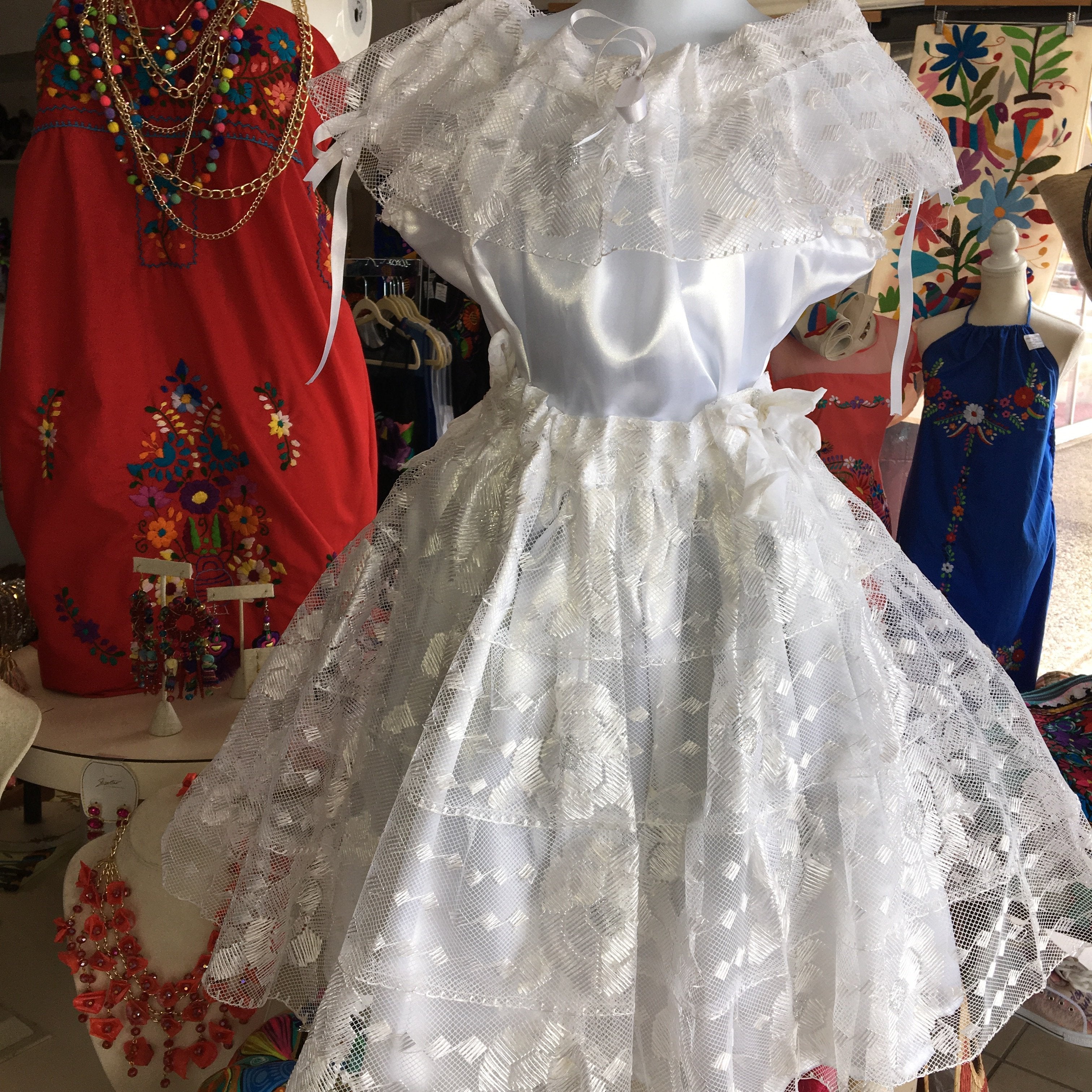 Mexican Chiapaneca Dress for Girls White/White