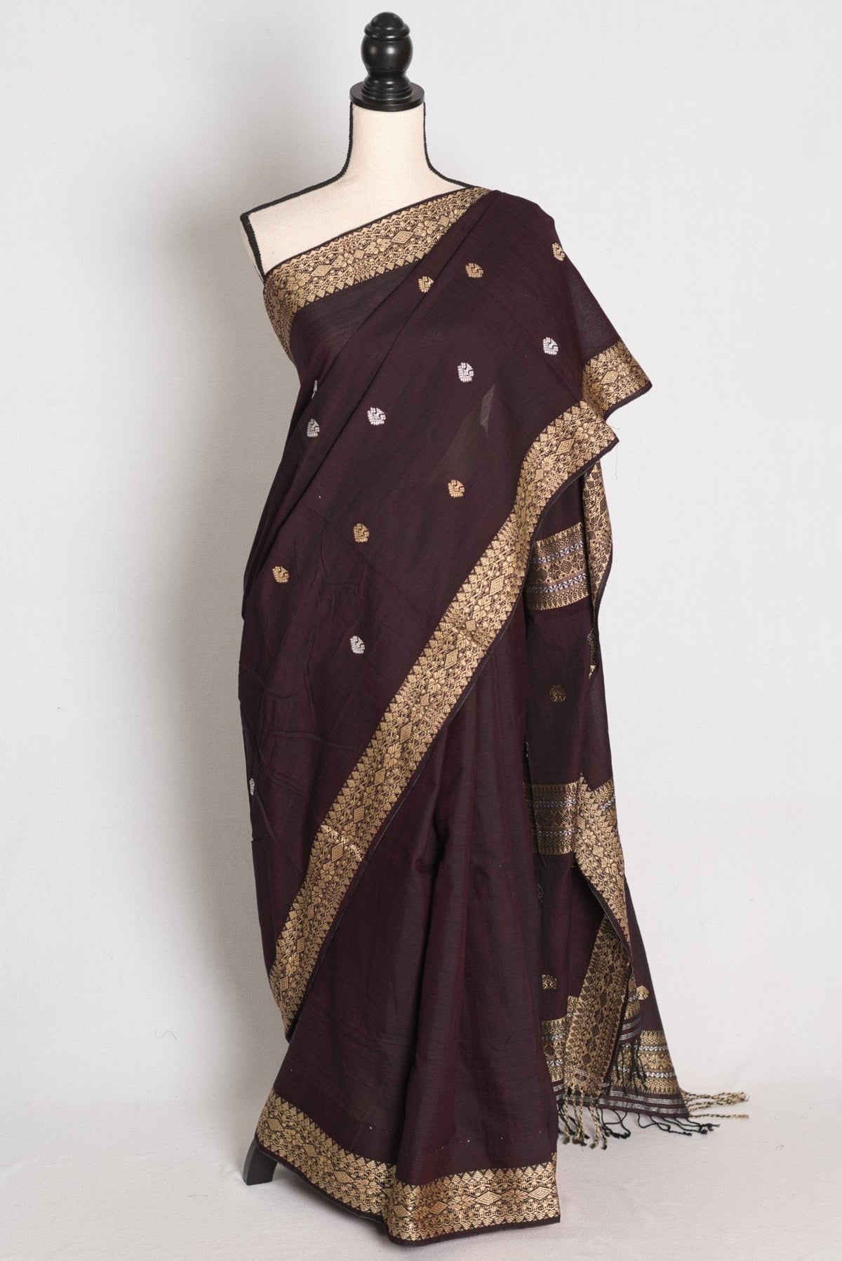 Gracy : Deep Coffee Brown Pure Cotton Assamese Handloom Saree