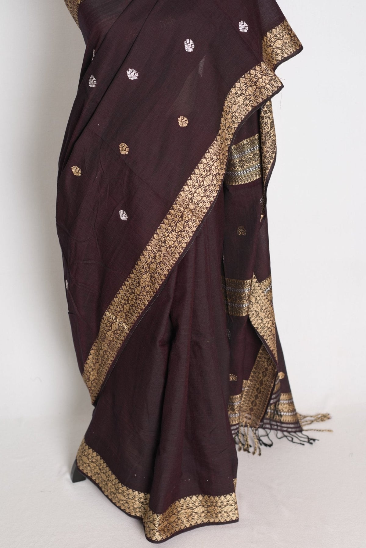 Gracy : Deep Coffee Brown Pure Cotton Assamese Handloom Saree