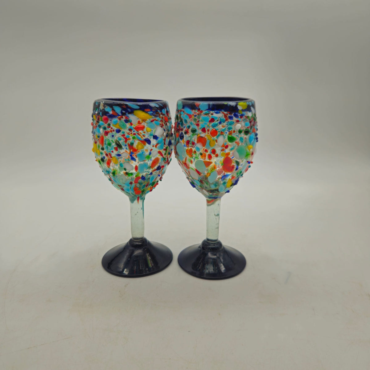Hand Blown Mexican Wine Glasses | Blue Rim Confetti Design