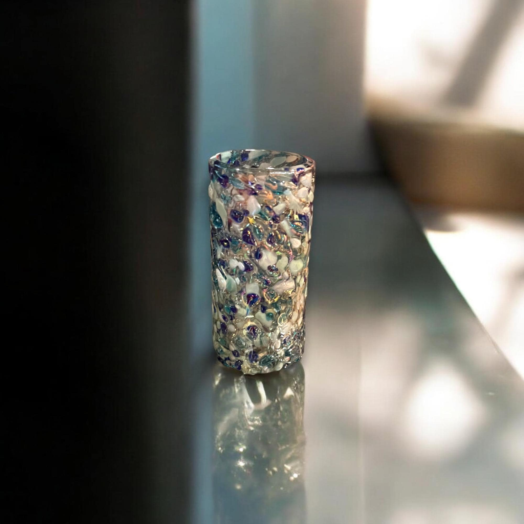 Handmade Blue and White Confetti Shot Glass | Artisanal Double Shot Glass