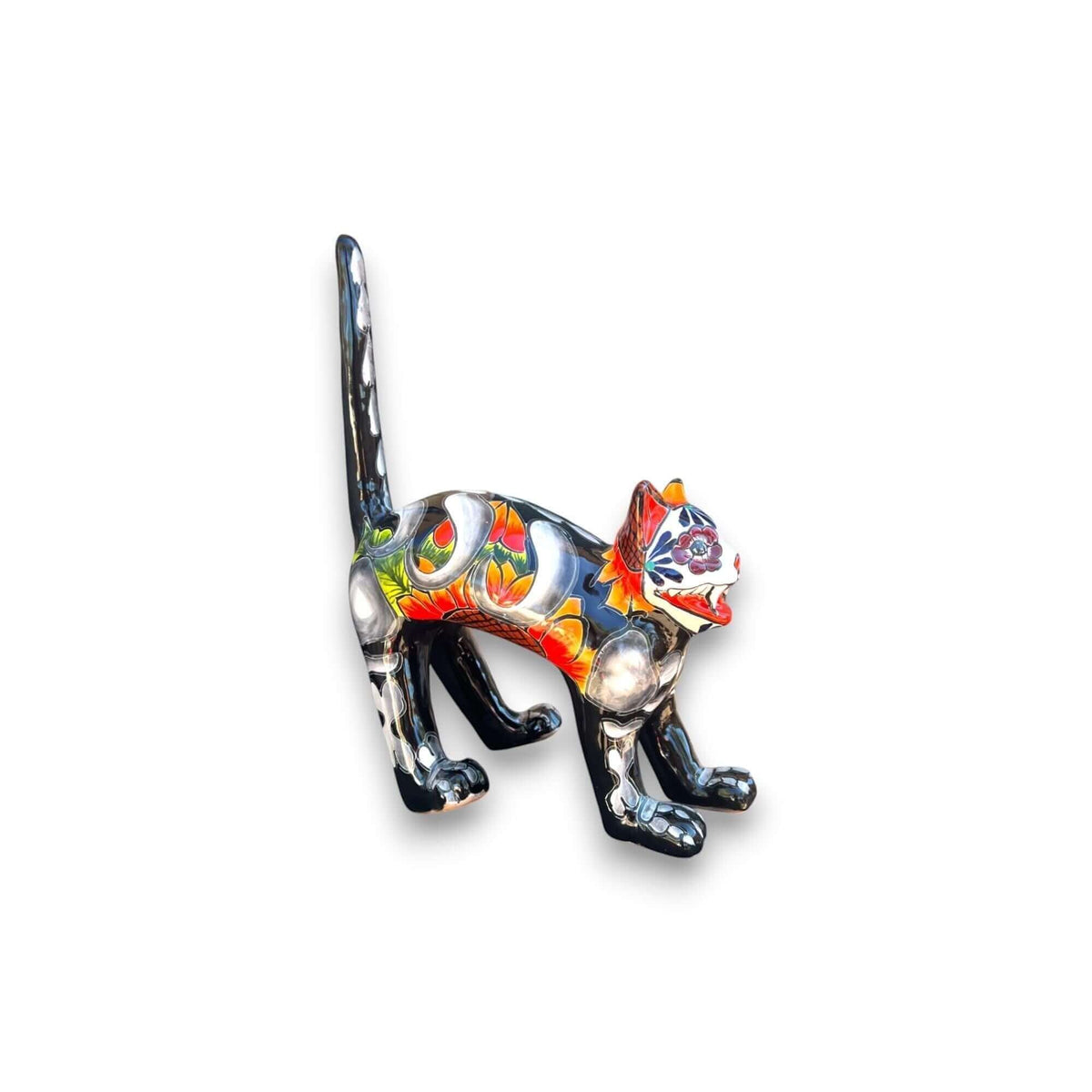 Handmade Talavera Arched Cat Statue | Day of the Dead Ceramic Cat Art