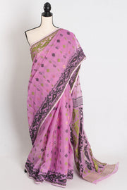 Hema : Purple Blended Soft Cotton Jamdani Bengali Saree with Ganga Jamuna Border