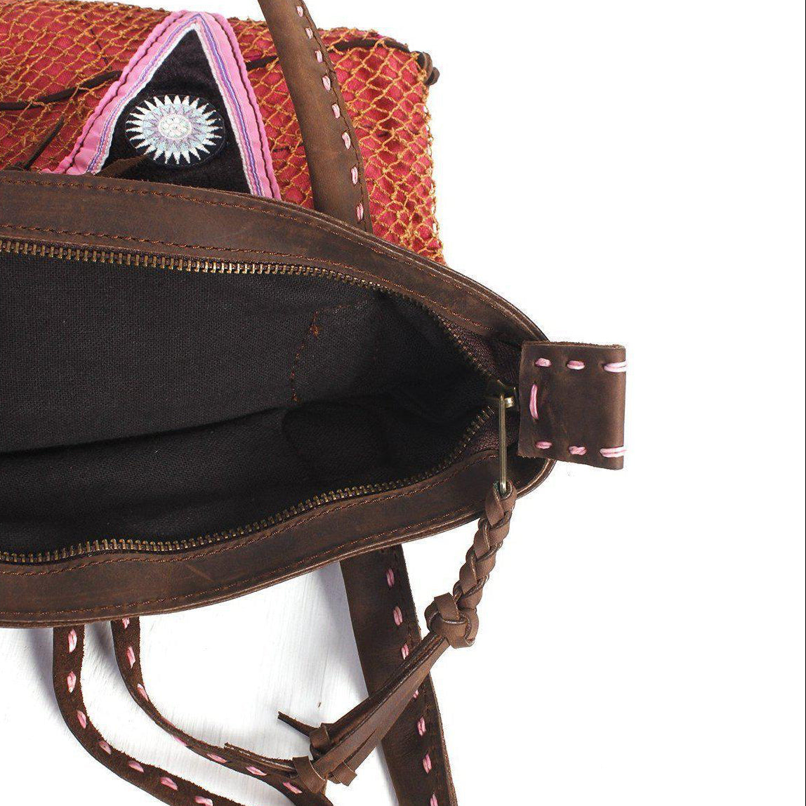 Hemp Net Leather Shoulder Bag - Thailand