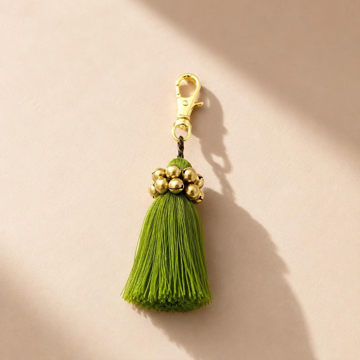 Fair Trade Cotton Tassel Zipper Pull with Bells | Handmade Keychain or Bag Charm from Thailand