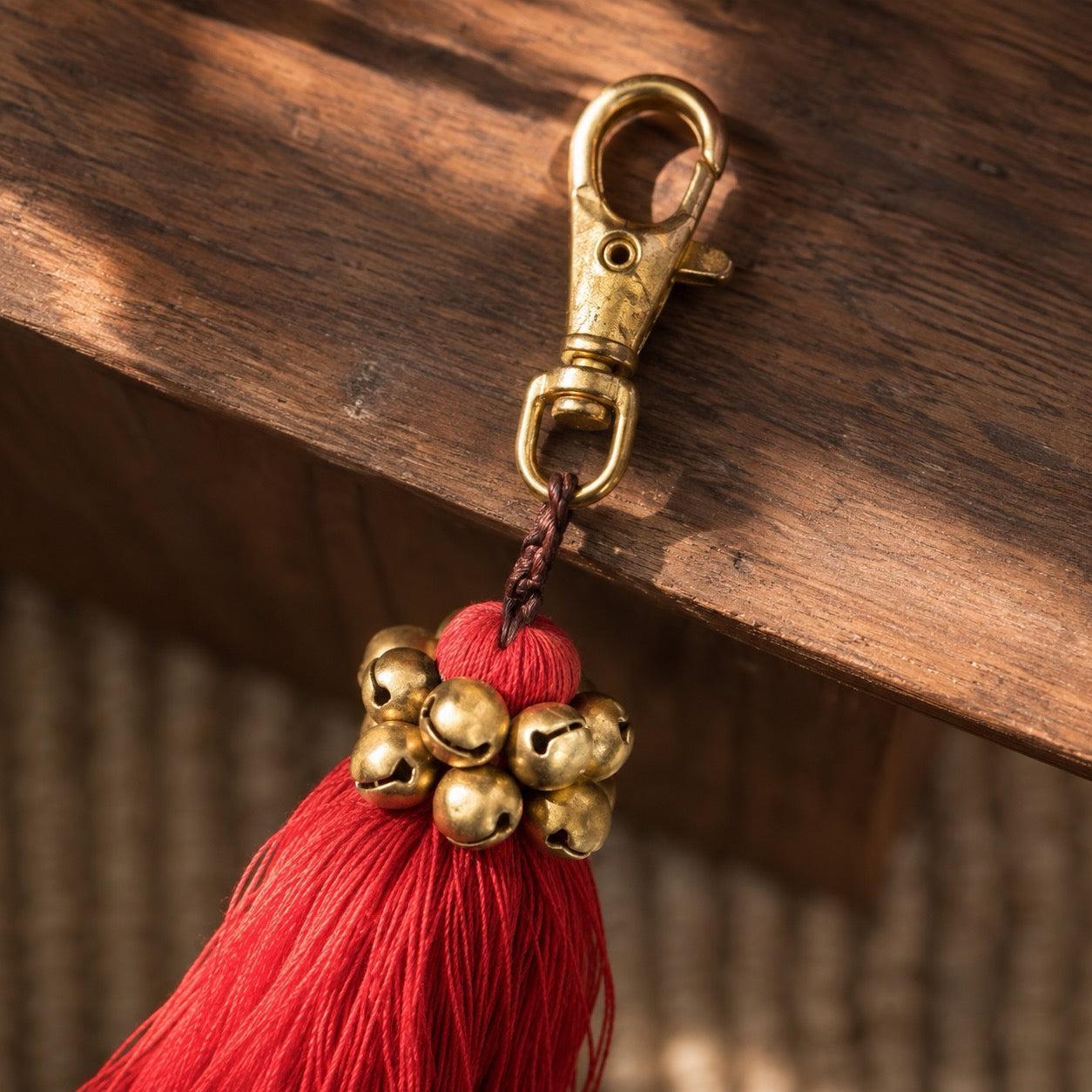 Fair Trade Cotton Tassel Zipper Pull with Bells | Handmade Keychain or Bag Charm from Thailand