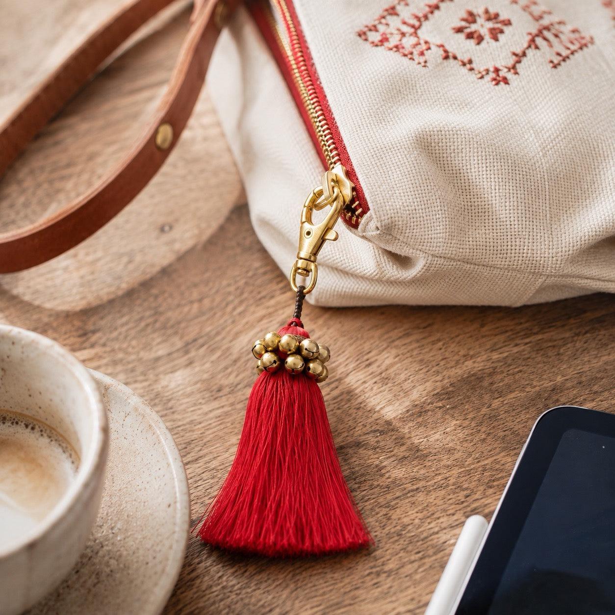 Fair Trade Cotton Tassel Zipper Pull with Bells | Handmade Keychain or Bag Charm from Thailand