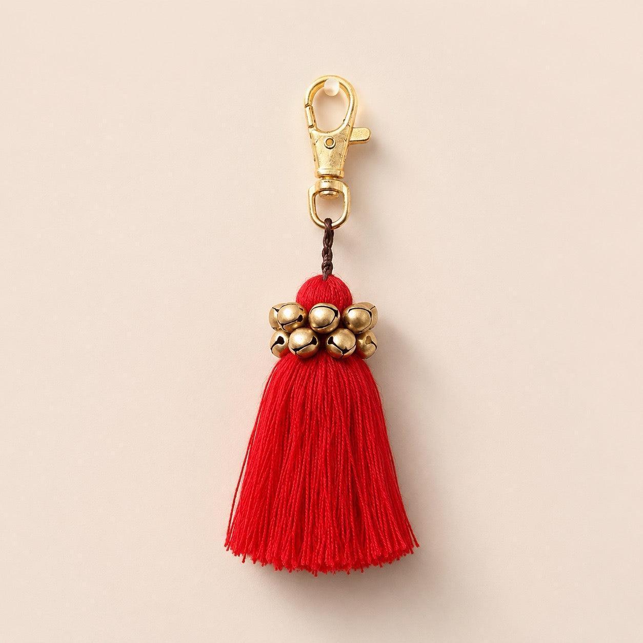 Fair Trade Cotton Tassel Zipper Pull with Bells | Handmade Keychain or Bag Charm from Thailand