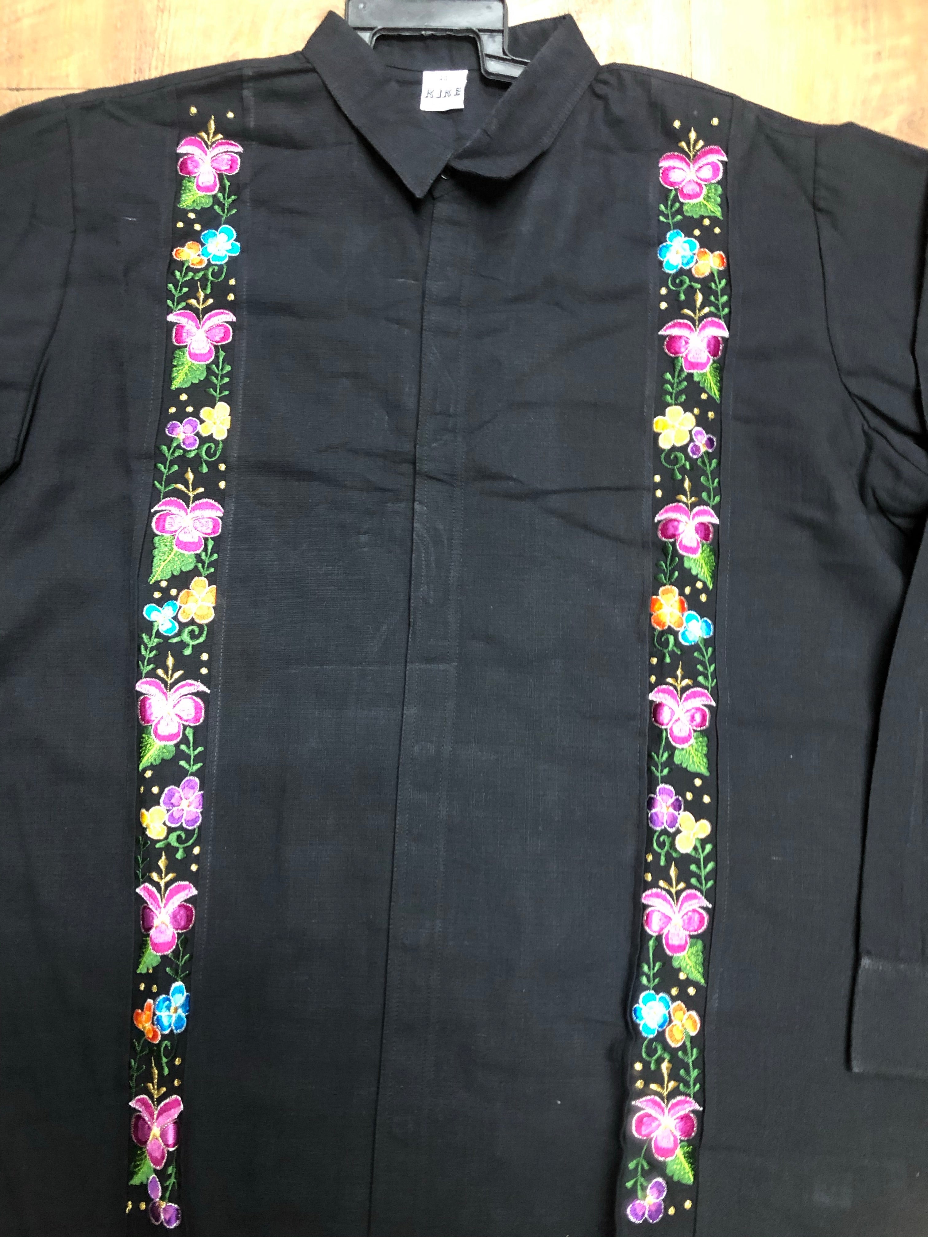 Men's Guayabera Floral Black Long Sleeve