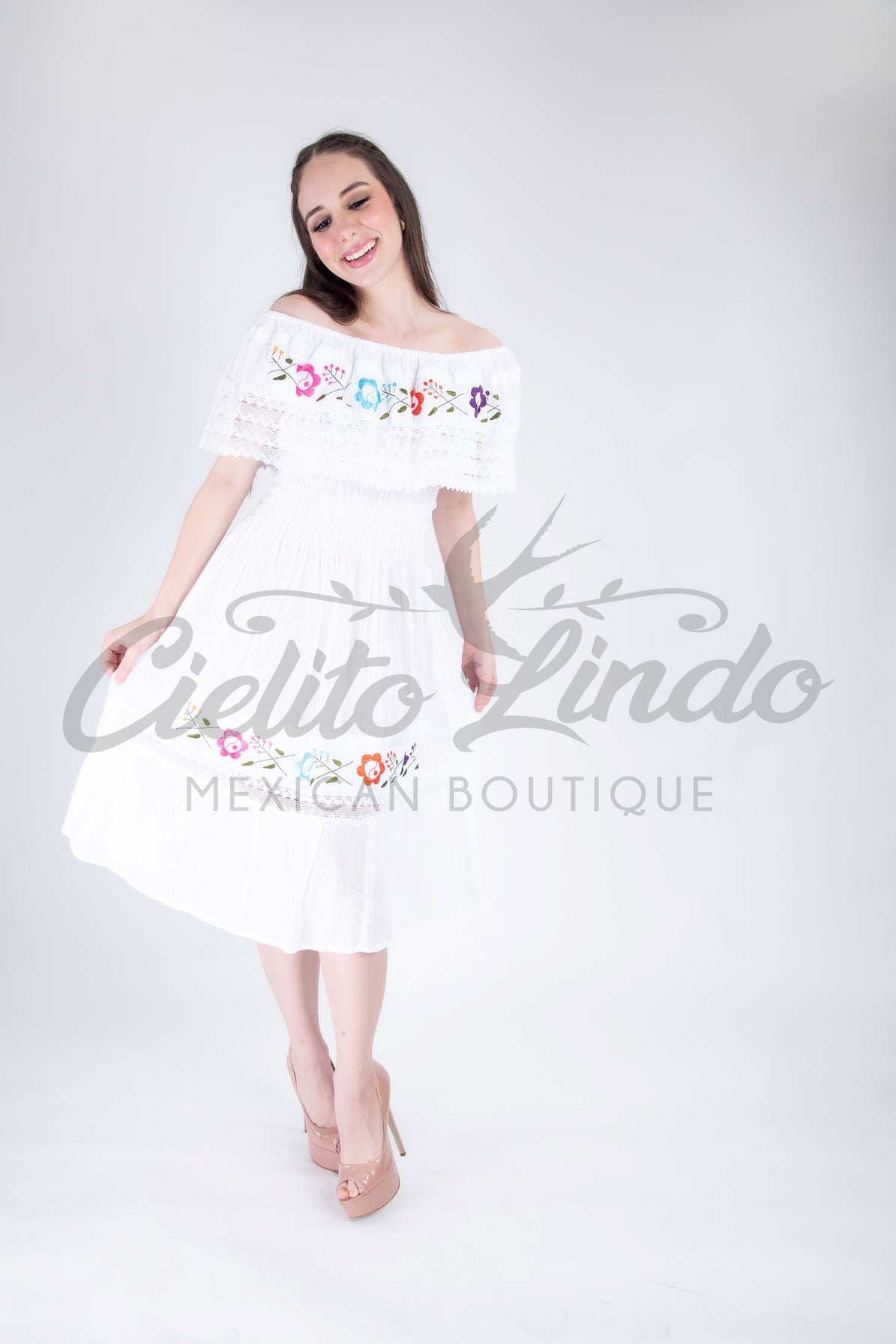 Mexican Campesina Midi Dress White