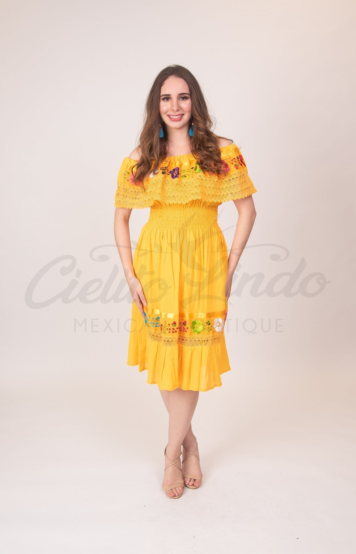 Mexican Campesina Midi Dress Yellow