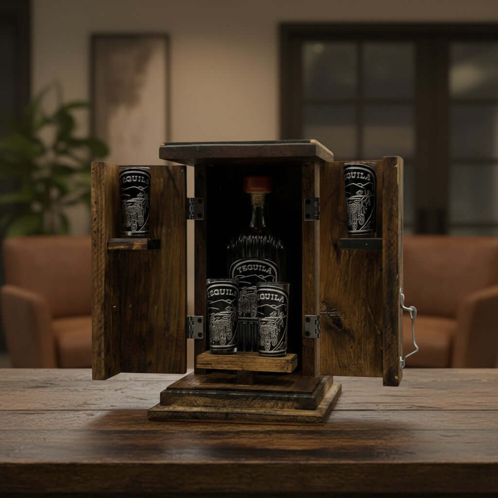 Handmade Shot Glass & Decanter Set | Mexican Rustic Wood Box
