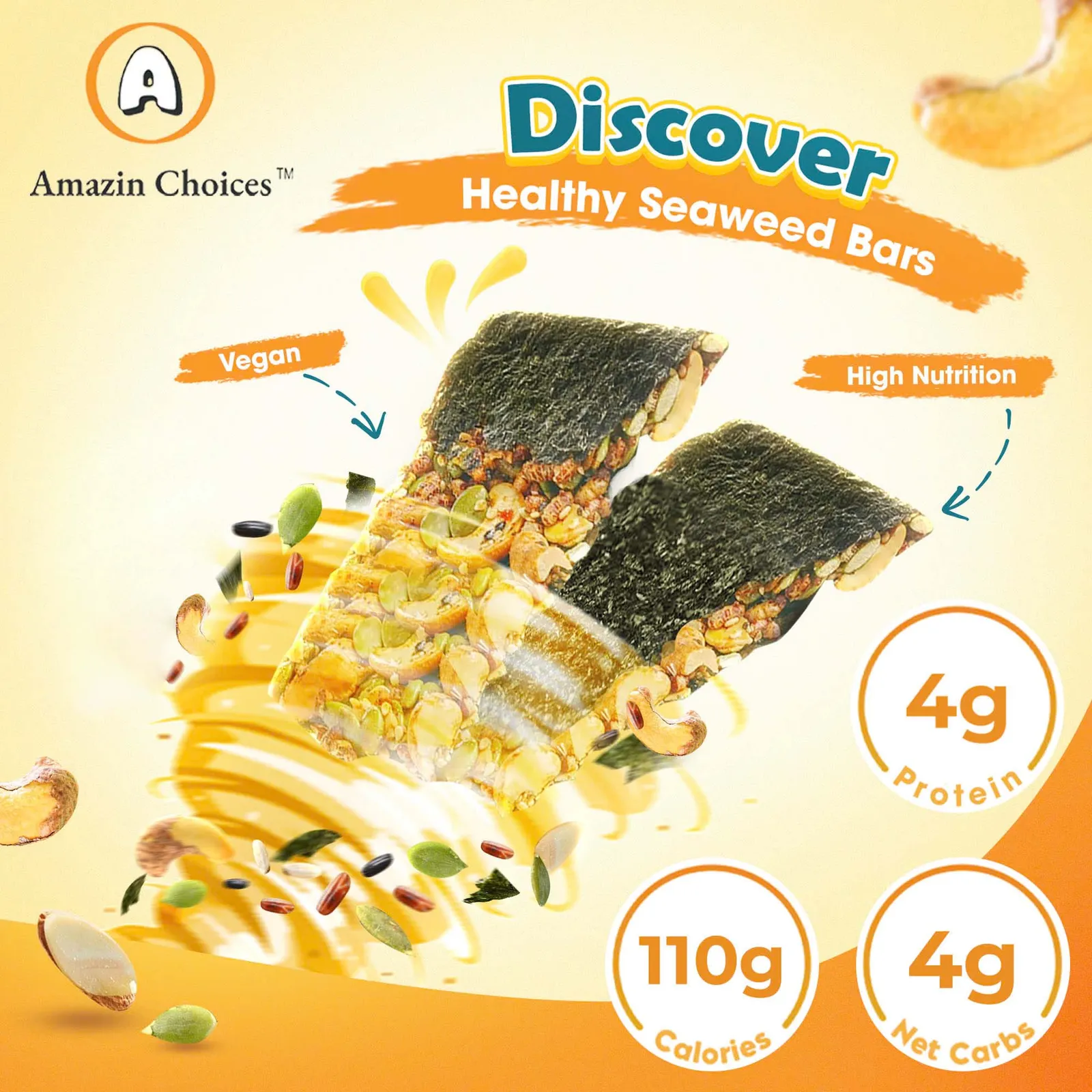 Amazin Choices Premium Seaweed Crunch with Nuts (16 Bars) – Healthy Vegan Snack – Dried Chili Mango 3.52oz