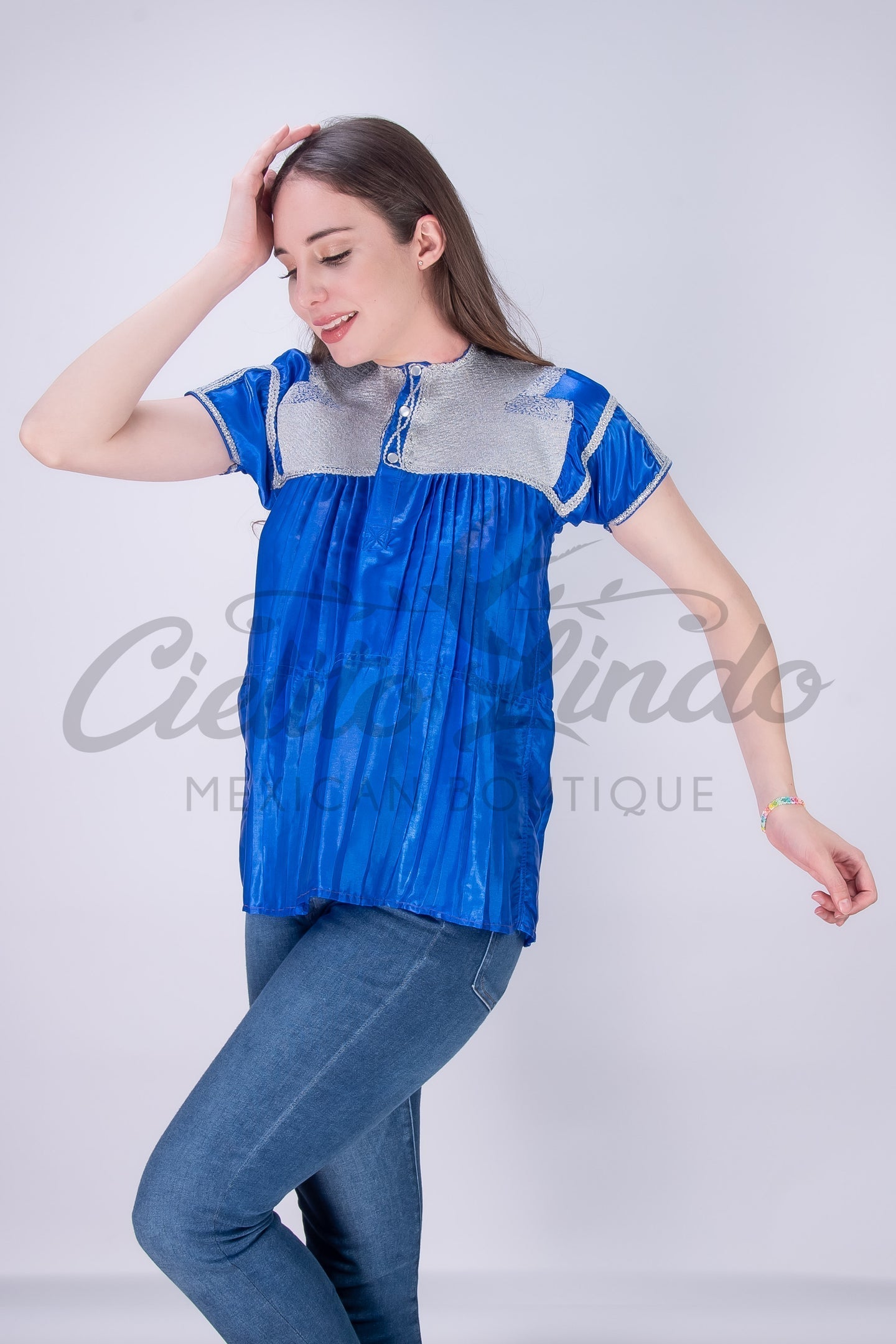 Mexican Blue Sateen Top Chamula