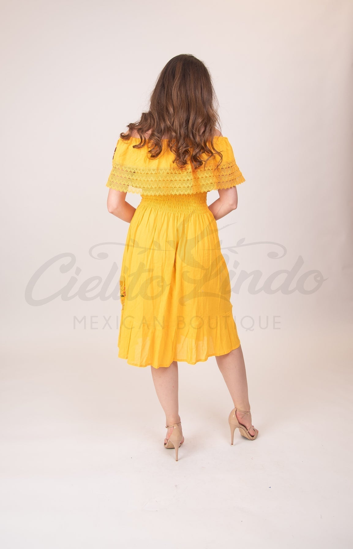Mexican Campesina Midi Dress Yellow