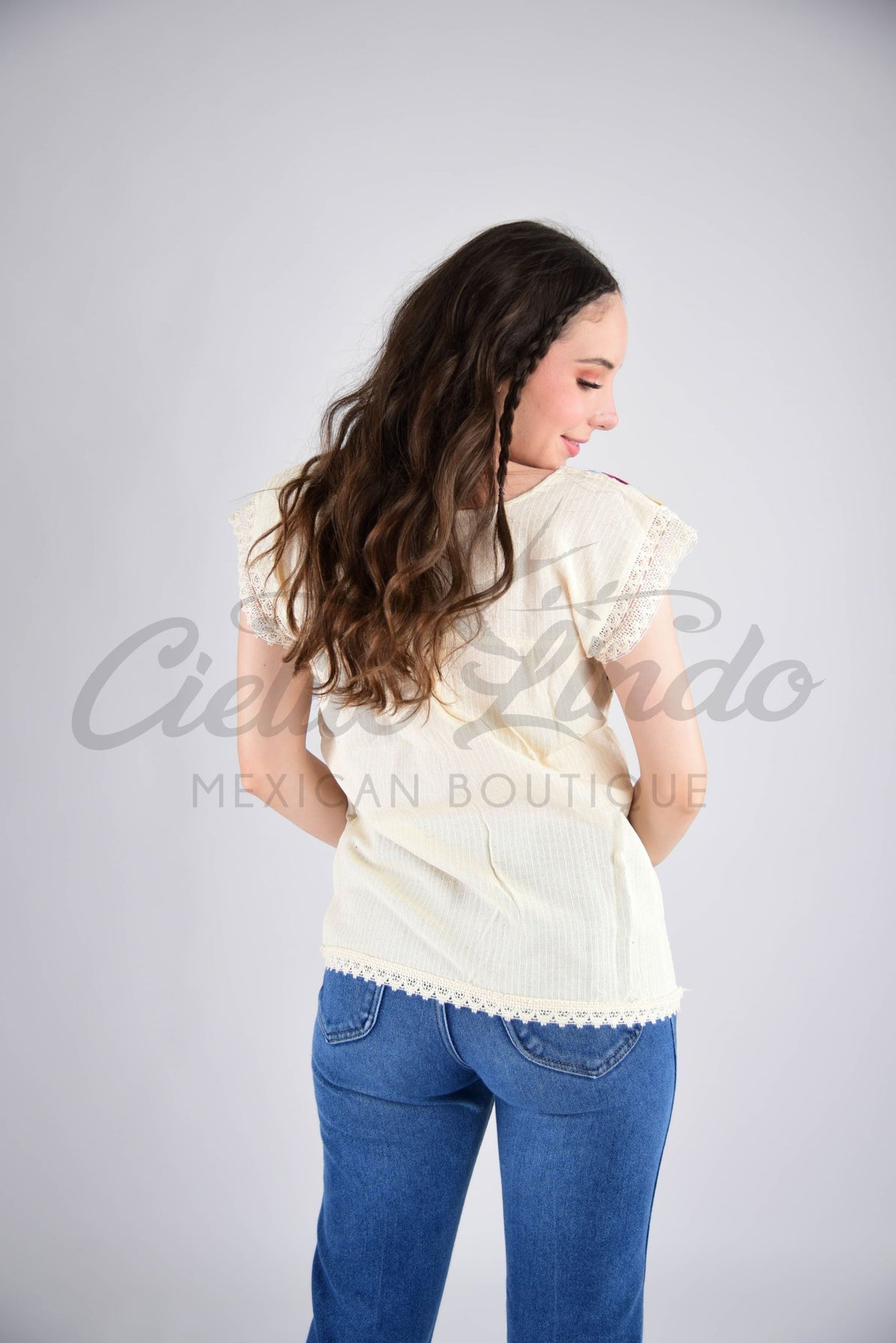 Oaxaca Paloma Blouse Ivory with Blue