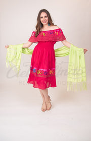 Mexican Campesina Rayon Midi Dress Hot Pink
