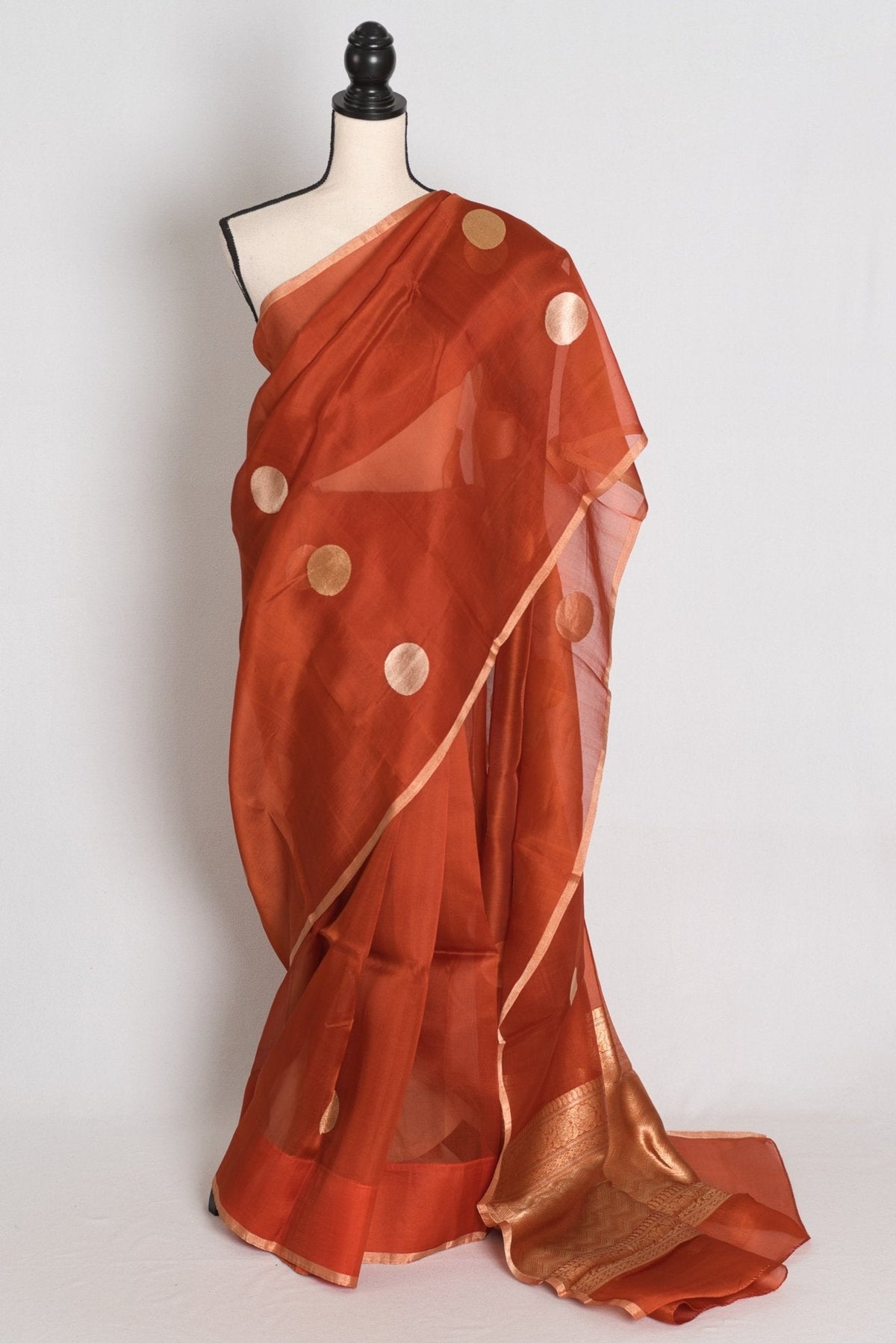 Ira : Rust Brown and Gold Polka Dot Kora Organza Banarasi Saree | Silk Mark