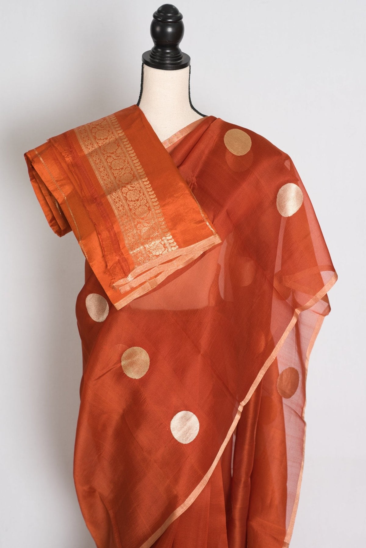 Ira : Rust Brown and Gold Polka Dot Kora Organza Banarasi Saree | Silk Mark