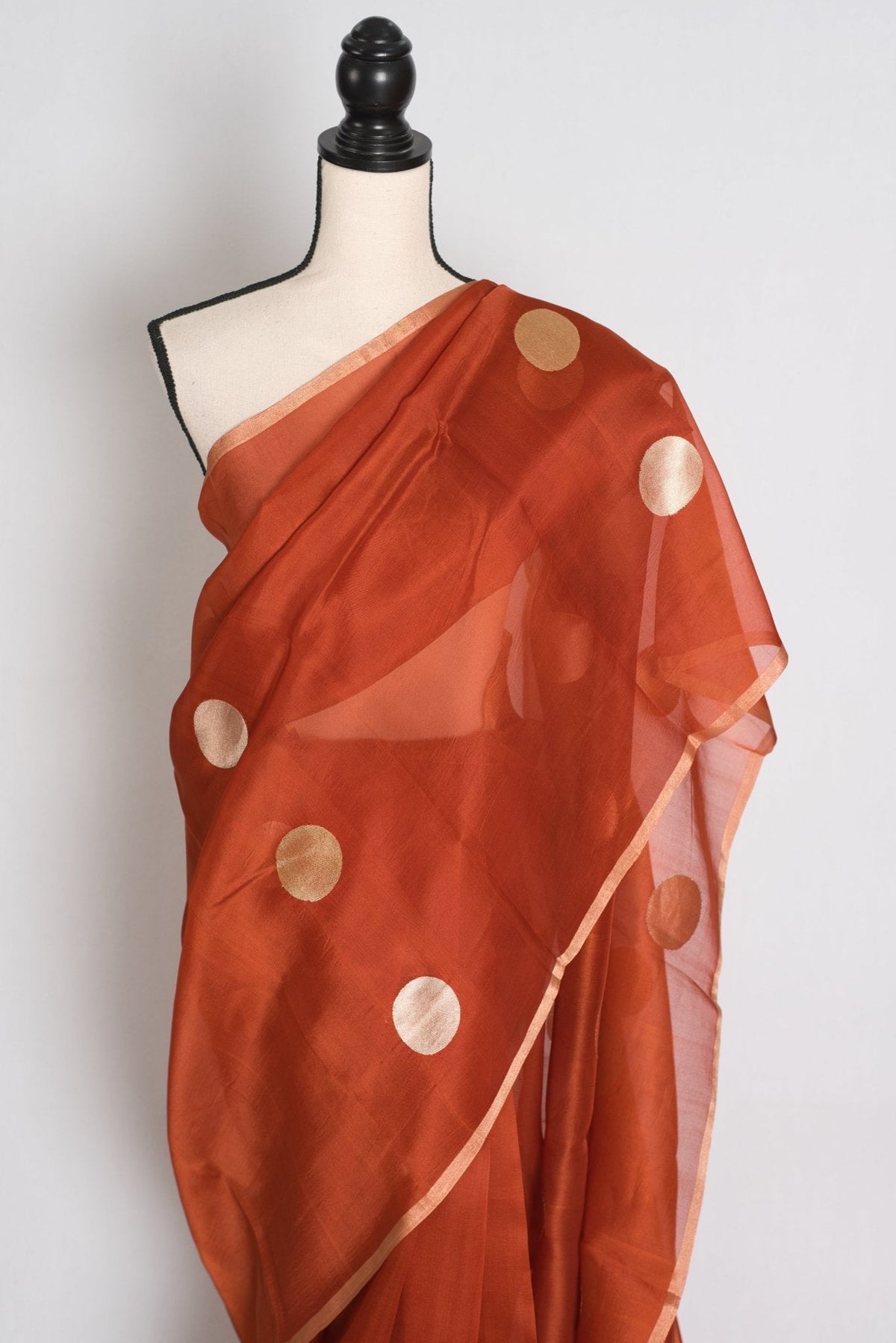 Ira : Rust Brown and Gold Polka Dot Kora Organza Banarasi Saree | Silk Mark