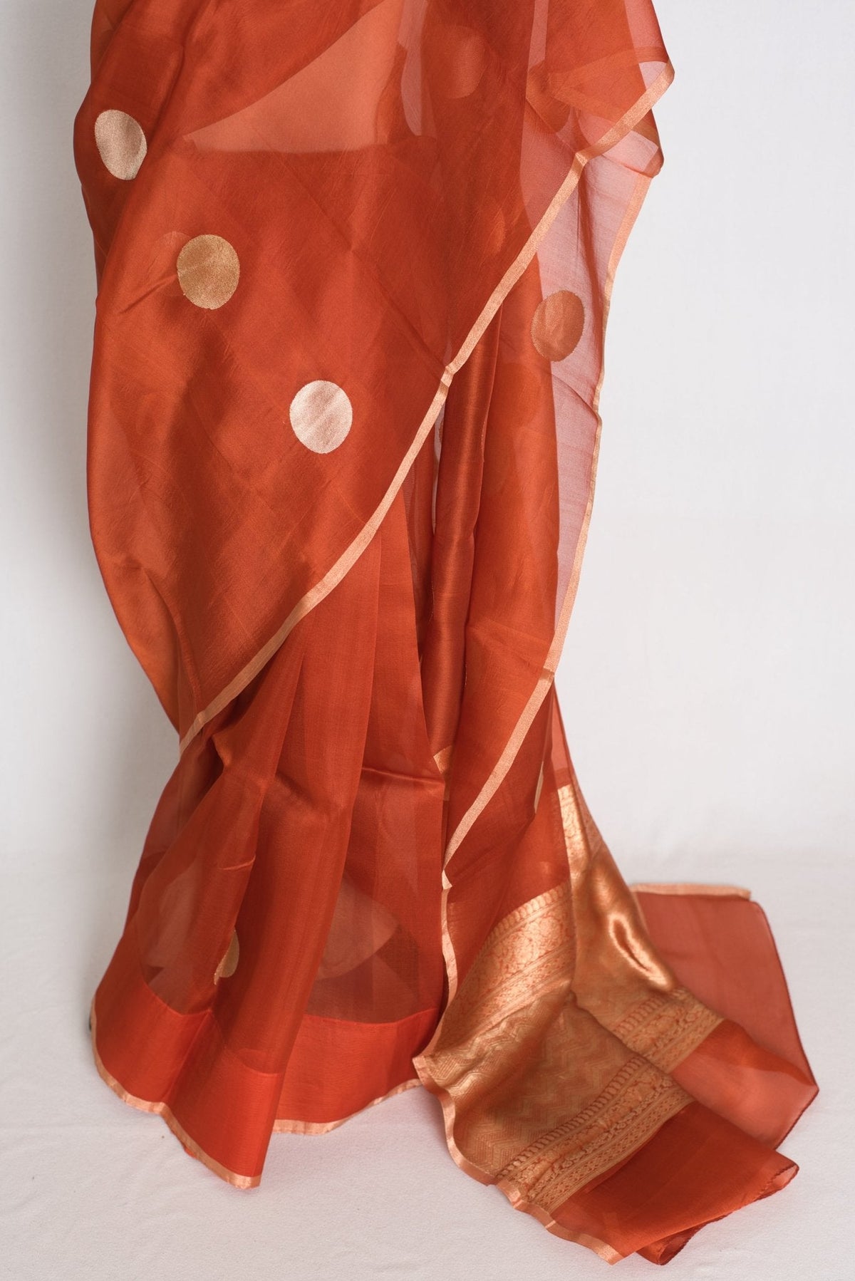 Ira : Rust Brown and Gold Polka Dot Kora Organza Banarasi Saree | Silk Mark
