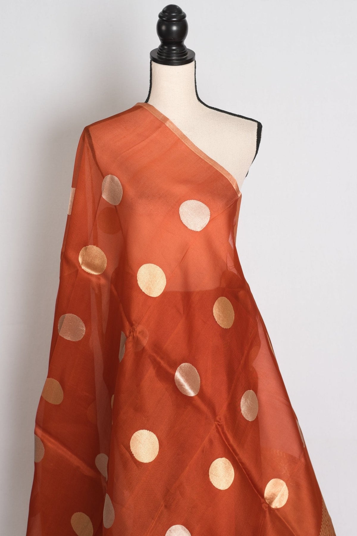 Ira : Rust Brown and Gold Polka Dot Kora Organza Banarasi Saree | Silk Mark