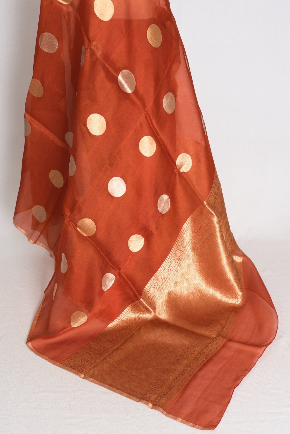 Ira : Rust Brown and Gold Polka Dot Kora Organza Banarasi Saree | Silk Mark