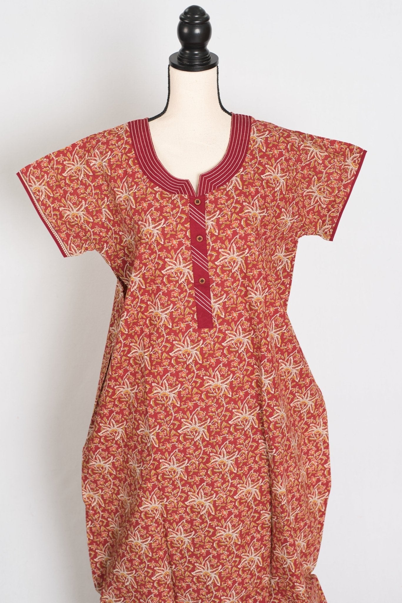 Kalamkari Printed Brown Women Indian Cotton Nighty in Regular Size