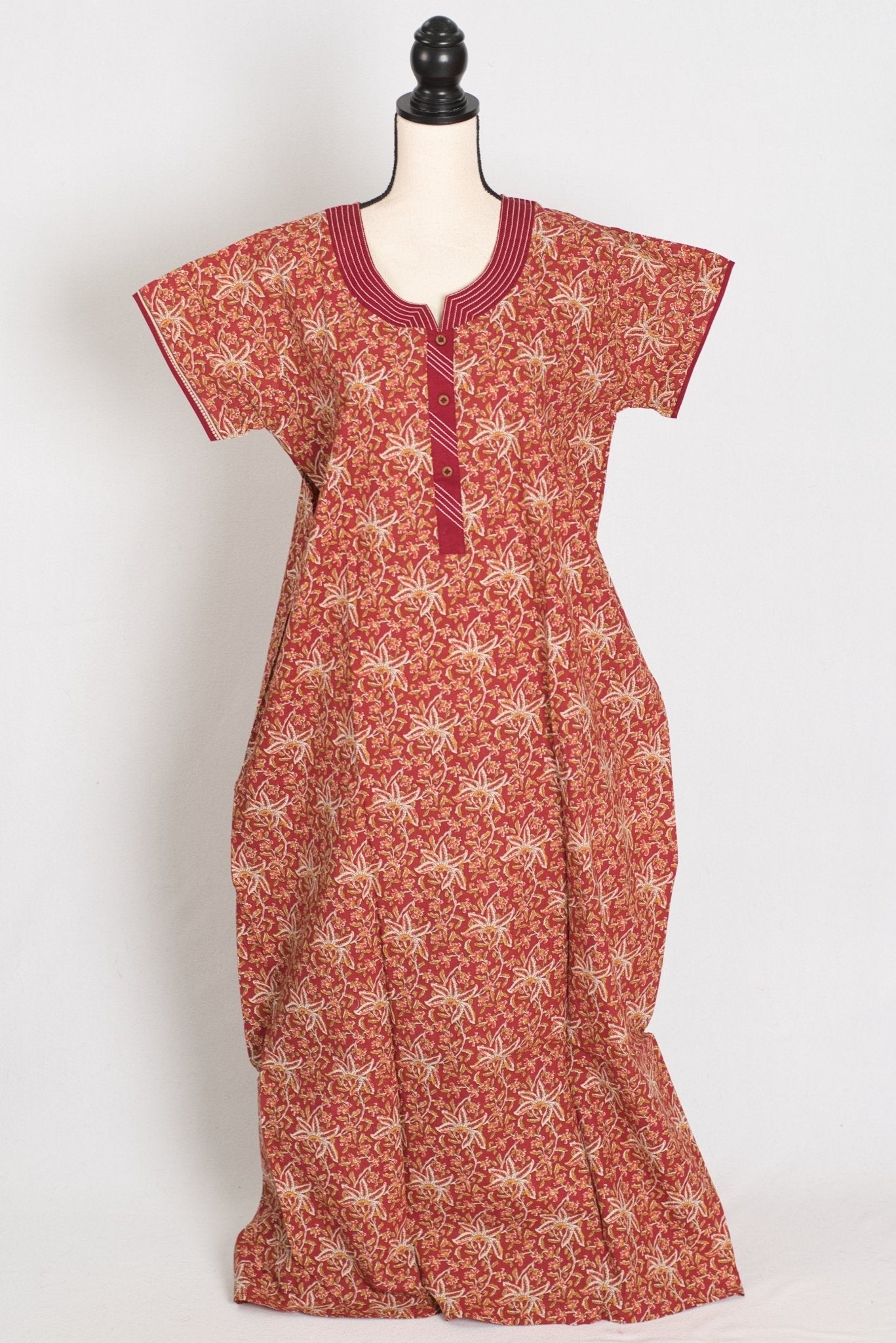 Kalamkari Printed Brown Women Indian Cotton Nighty in Regular Size