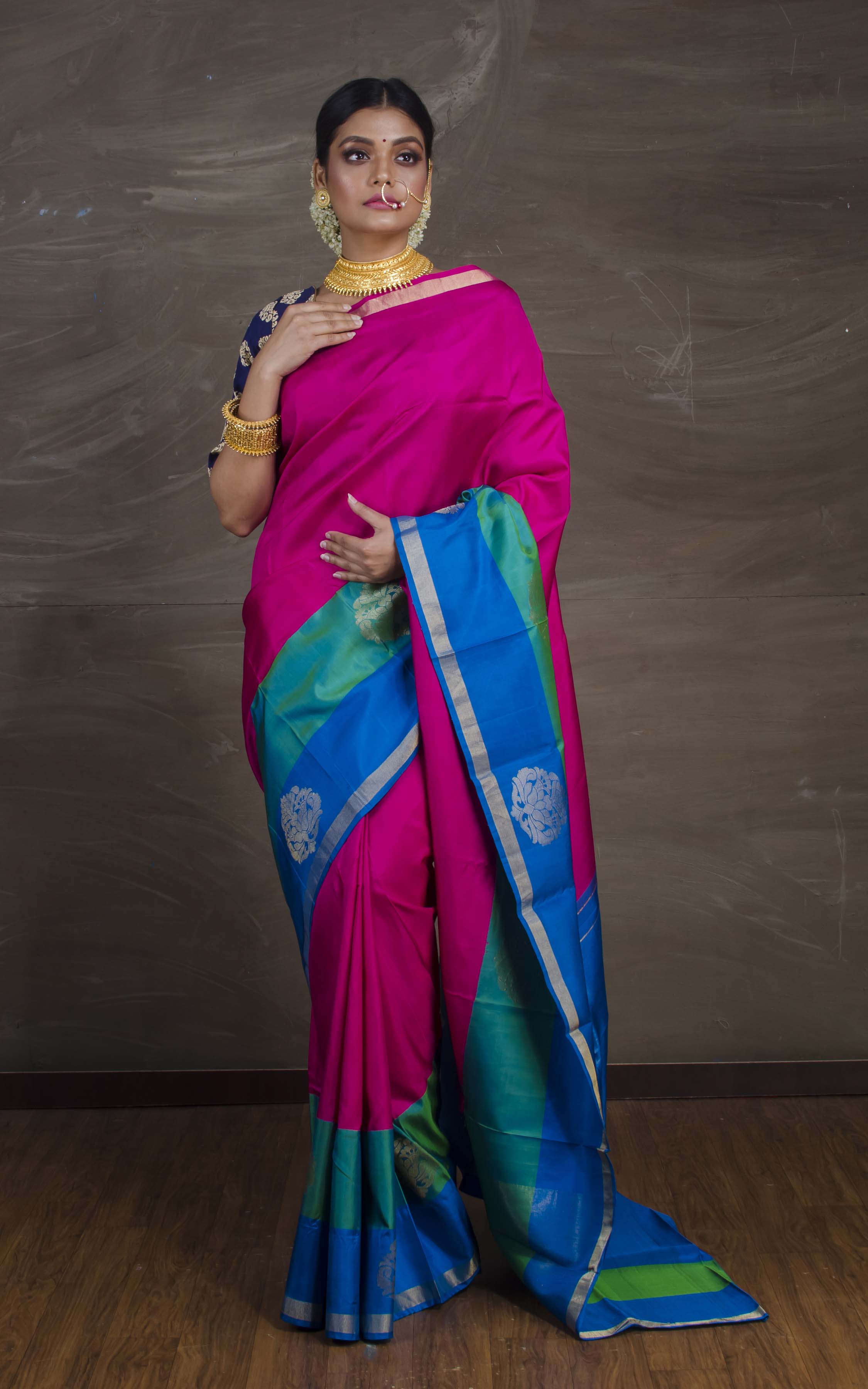 Exclusive Kanchipuram Silk Saree in Magenta, Blue and Rama Green