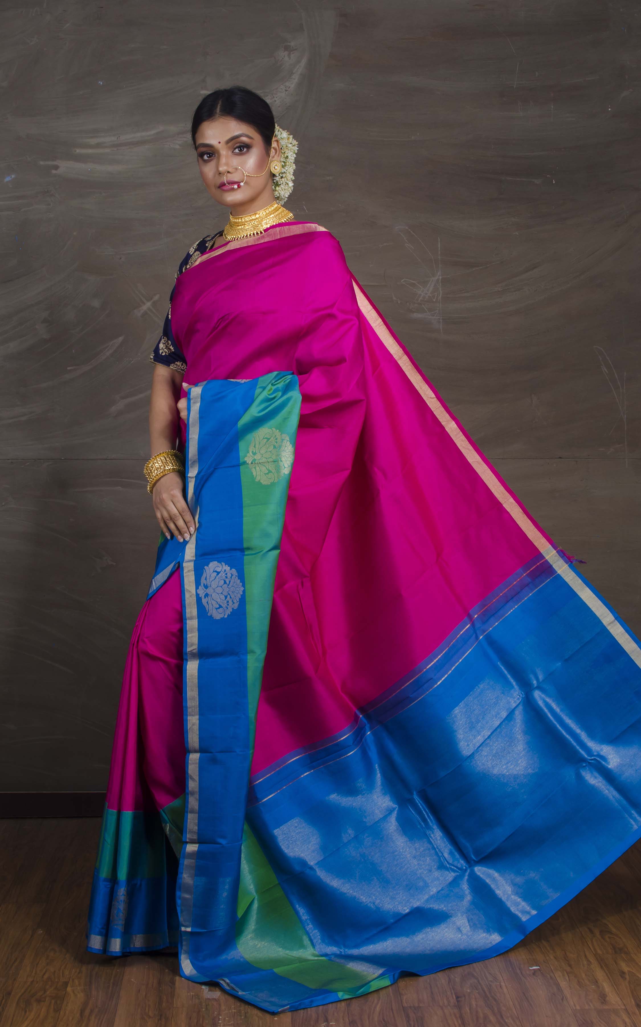 Exclusive Kanchipuram Silk Saree in Magenta, Blue and Rama Green
