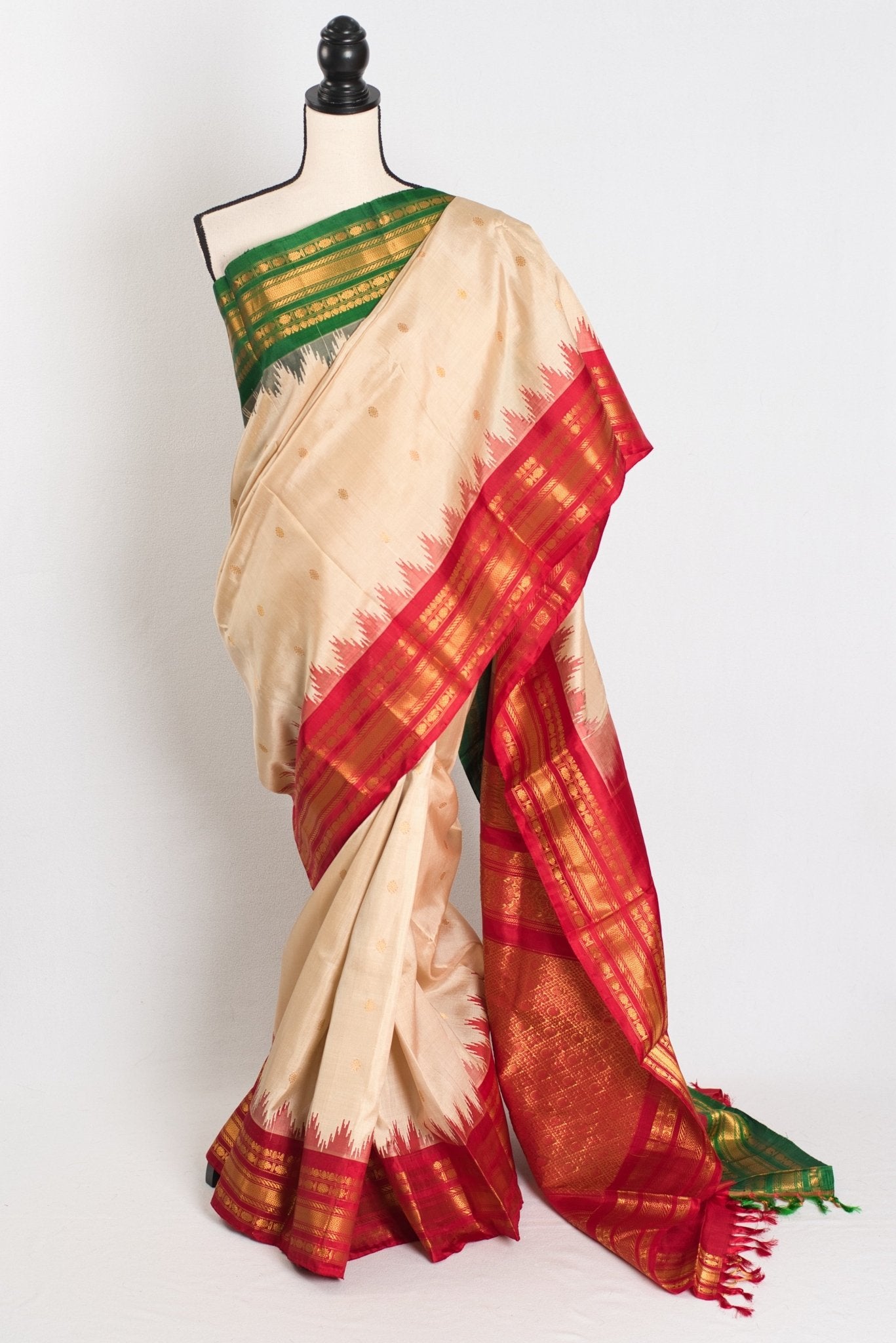 Kavya : Ganga Jamuna Border Gadwal Silk Saree in Beige with Red and Green