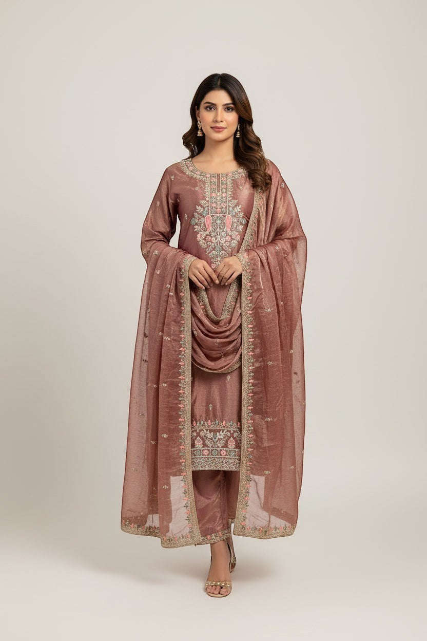 Embroidered Silk Kurti Pant Dupatta Set