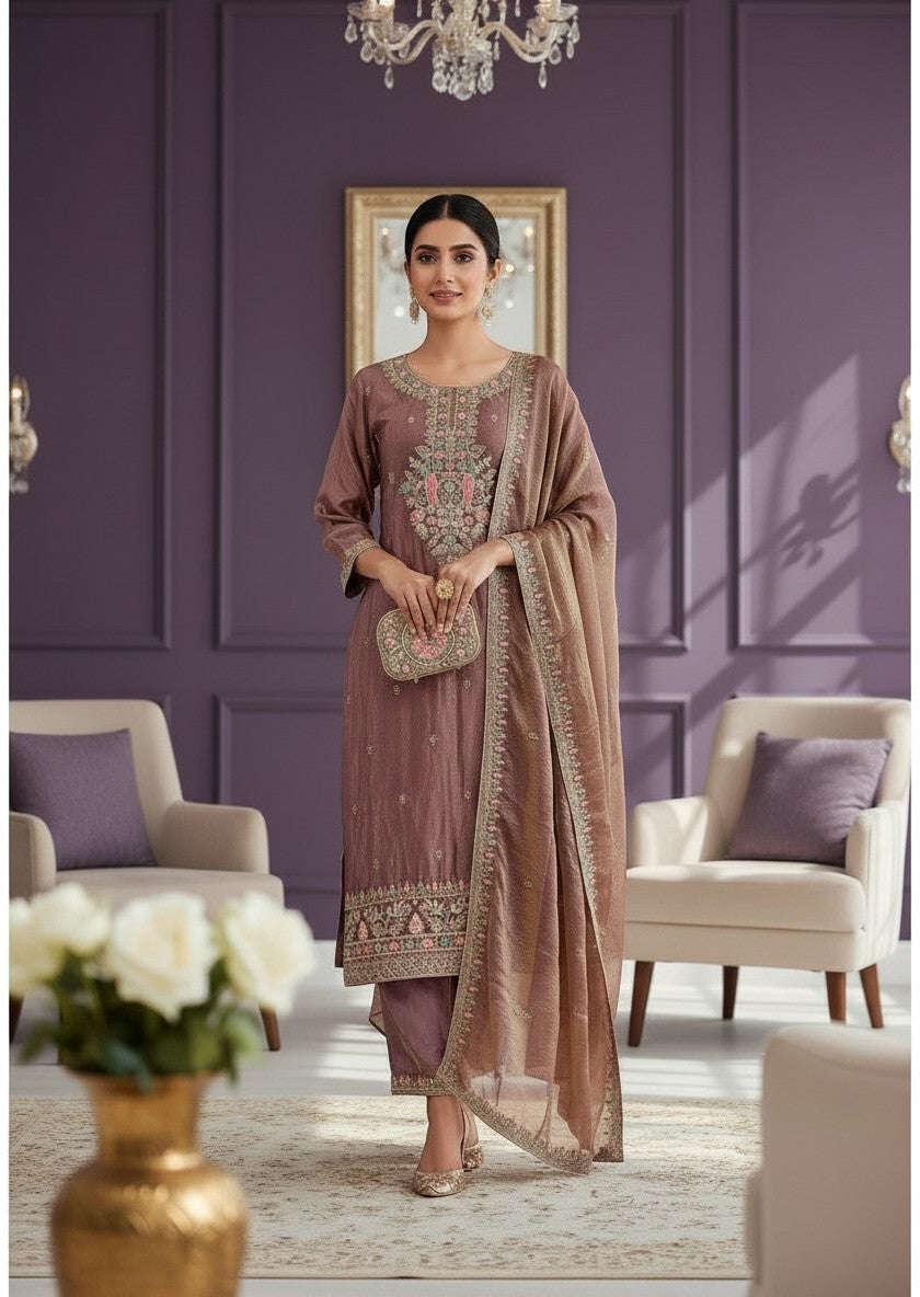 Embroidered Silk Kurti Pant Dupatta Set