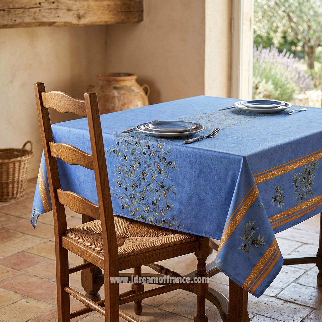 60" Square Clos des Oliviers Blue Acrylic-Coated Cotton Tablecloth by Label France