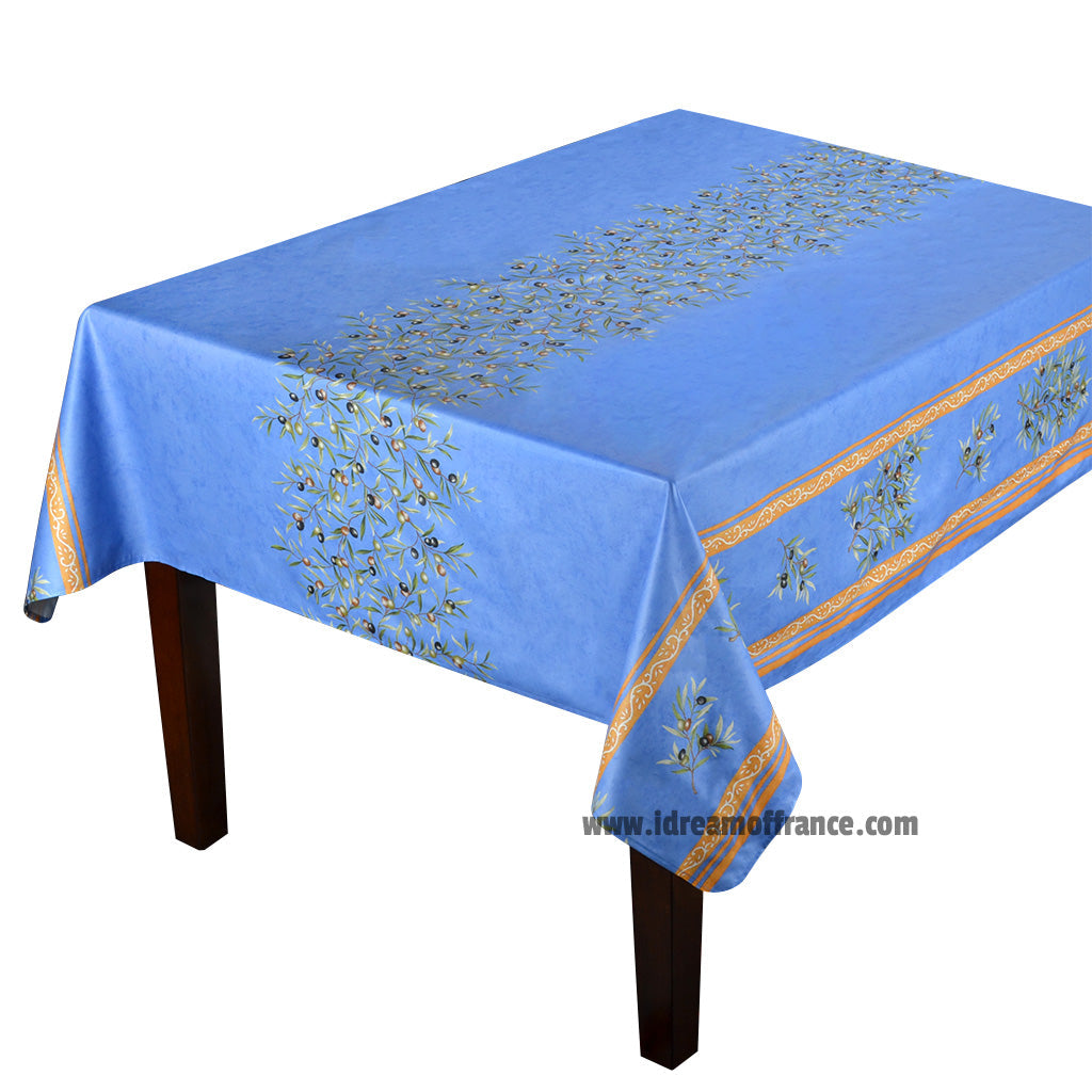 60" Square Clos des Oliviers Blue Acrylic-Coated Cotton Tablecloth by Label France