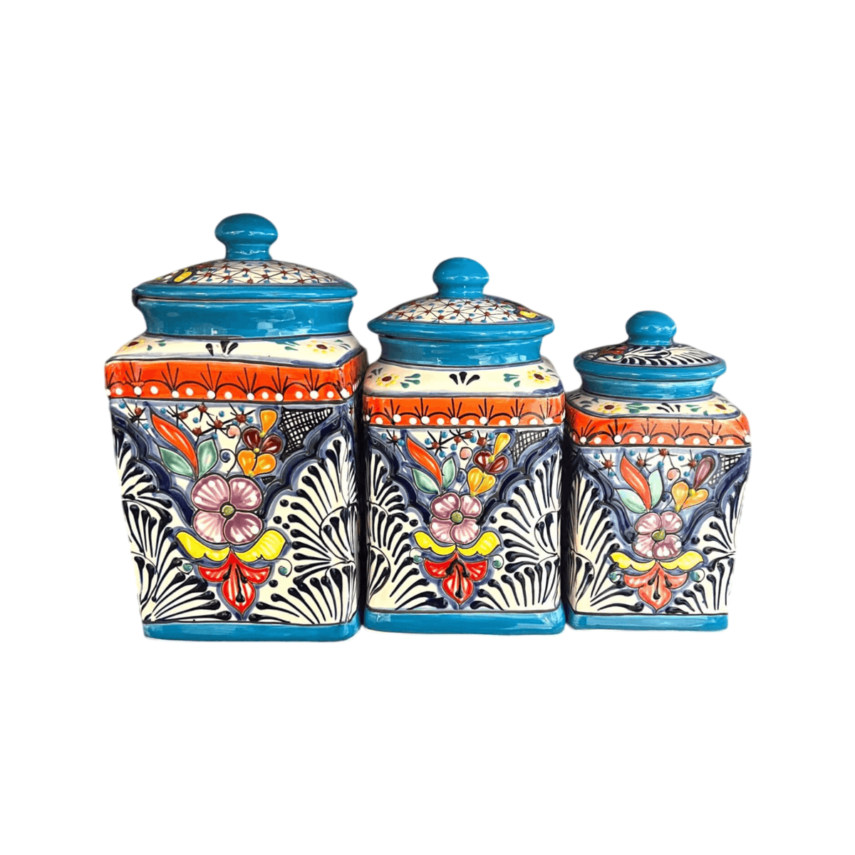 Set of 3 Light Blue Talavera Canister Set | Handmade Mexican Pottery from Puebla