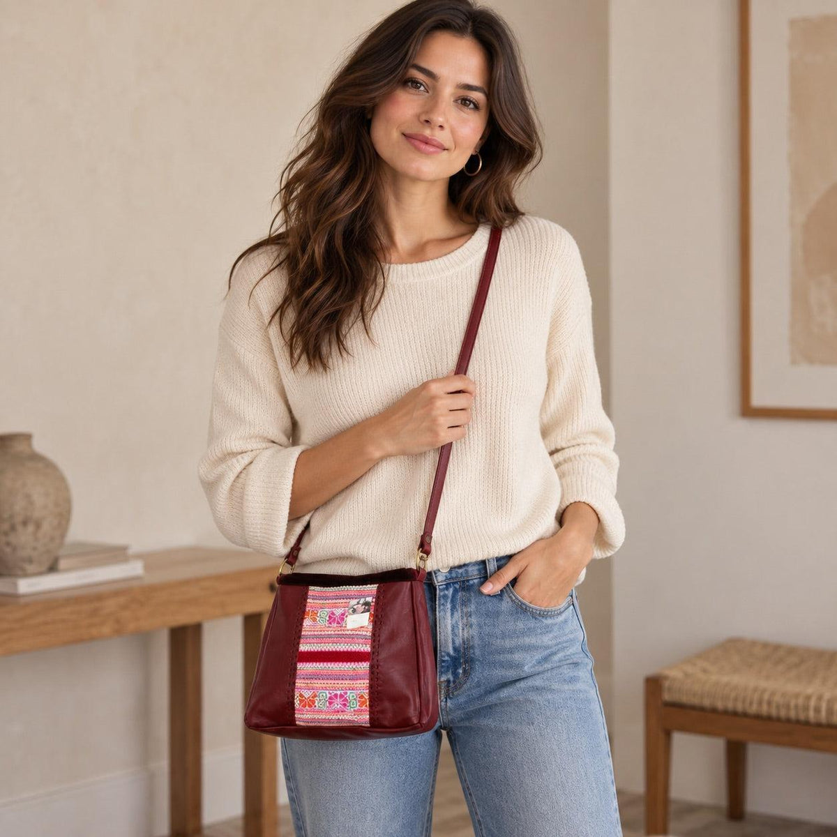 Leather Embroidered Crossbody Bag - Thailand