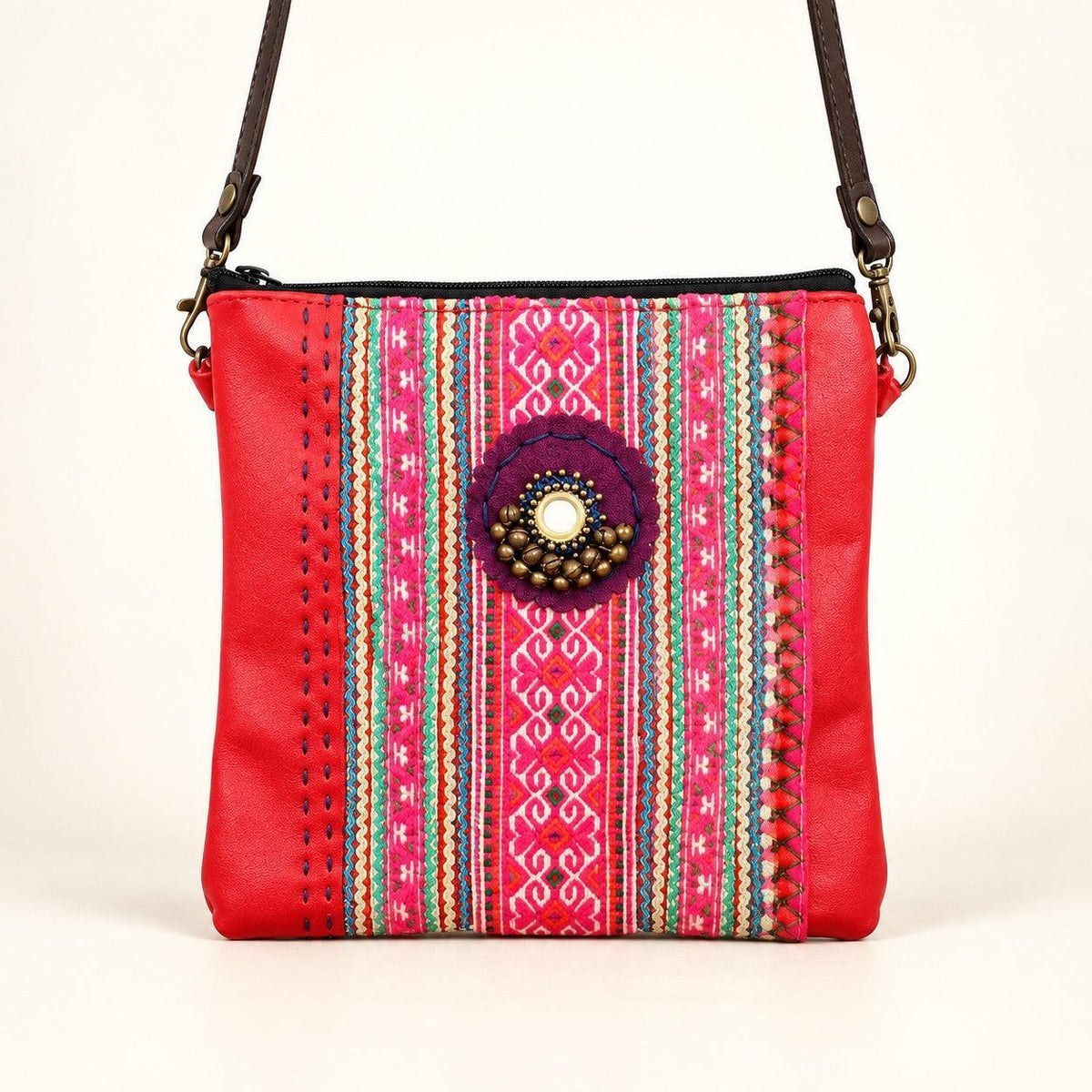 Hmong Fabric and Leather Crossbody Bag - Thailand
